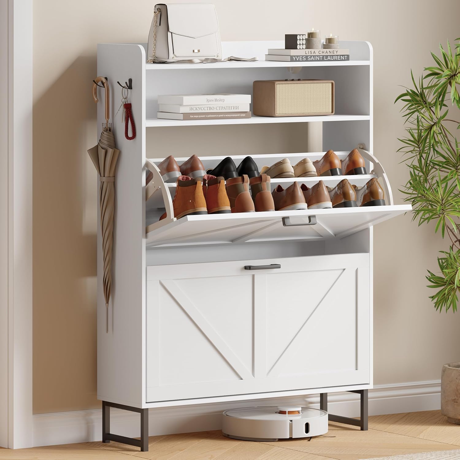 Shoe Cabinet with 2 Flip Drawers, Freestanding Hidden Shoe Storage Organizer for Entryway