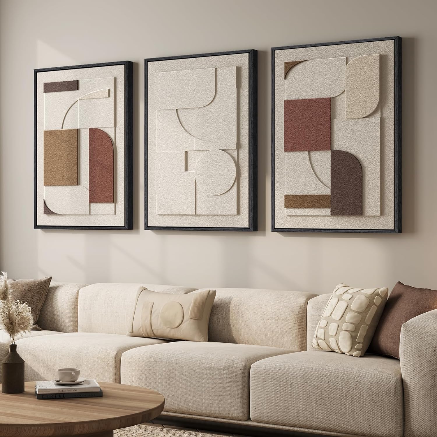 Large 3D Textured Framed Boho Modern Neutral Abstract Wall Art for Living Room, 3 Piece Black White Brown Paintings Artwork for Walls