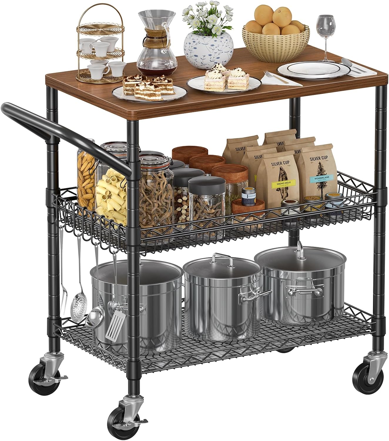 NTE Rolling Kitchen Carts on Wheels, 650Lbs Capacity 3 Tier Utility Cart with Wood Tabletop, Kitchen Storage Cart with 8 Hooks
