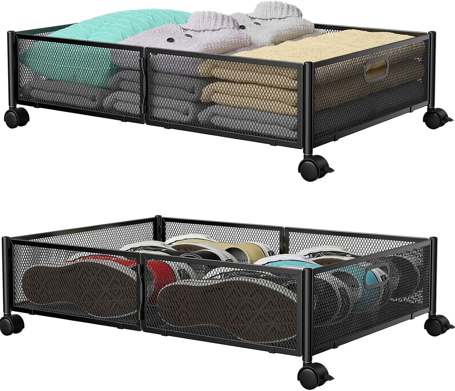 Under Bed Stroage Container with wheels, Patterned, Metal, 2 Pack, Black, Tool-free assembly, glide smoothly, easy reach, foldable
