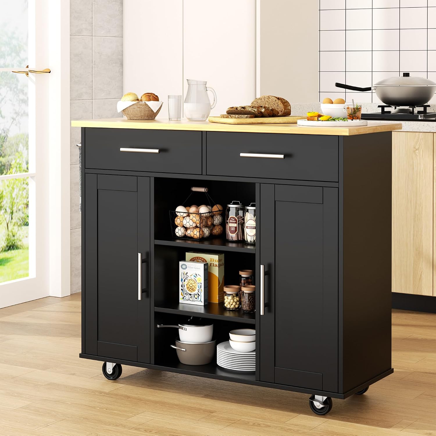 Shintenchi Kitchen Island cart with Storage, Portable Bar Cabinet on Wheels, Rolling Microwave Cart Side Table with Workstation for Kitchen, Black