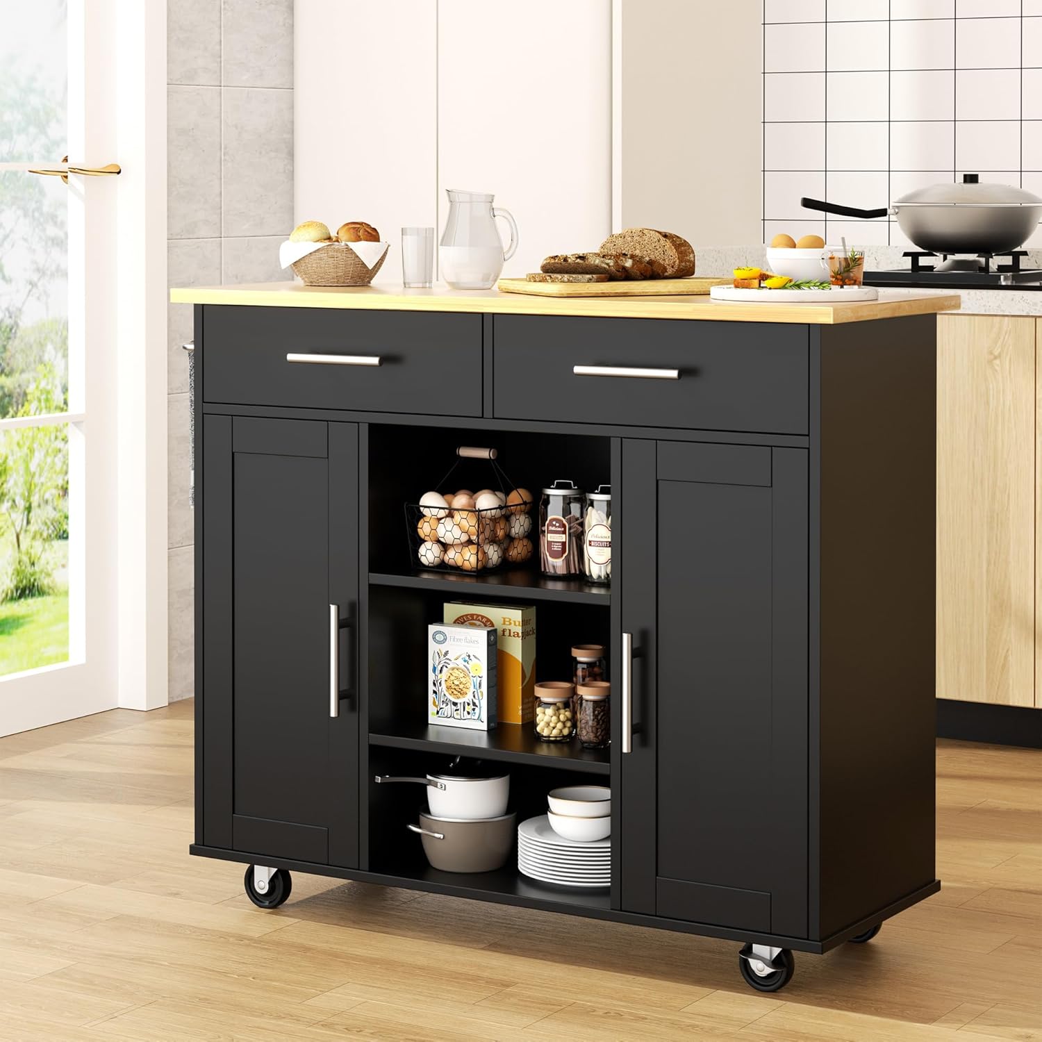 Shintenchi Kitchen Island Cart with Storage, Rolling Side Table on Wheels with Worktop, Single Door Cabinet and Drawer for Dining Room, White