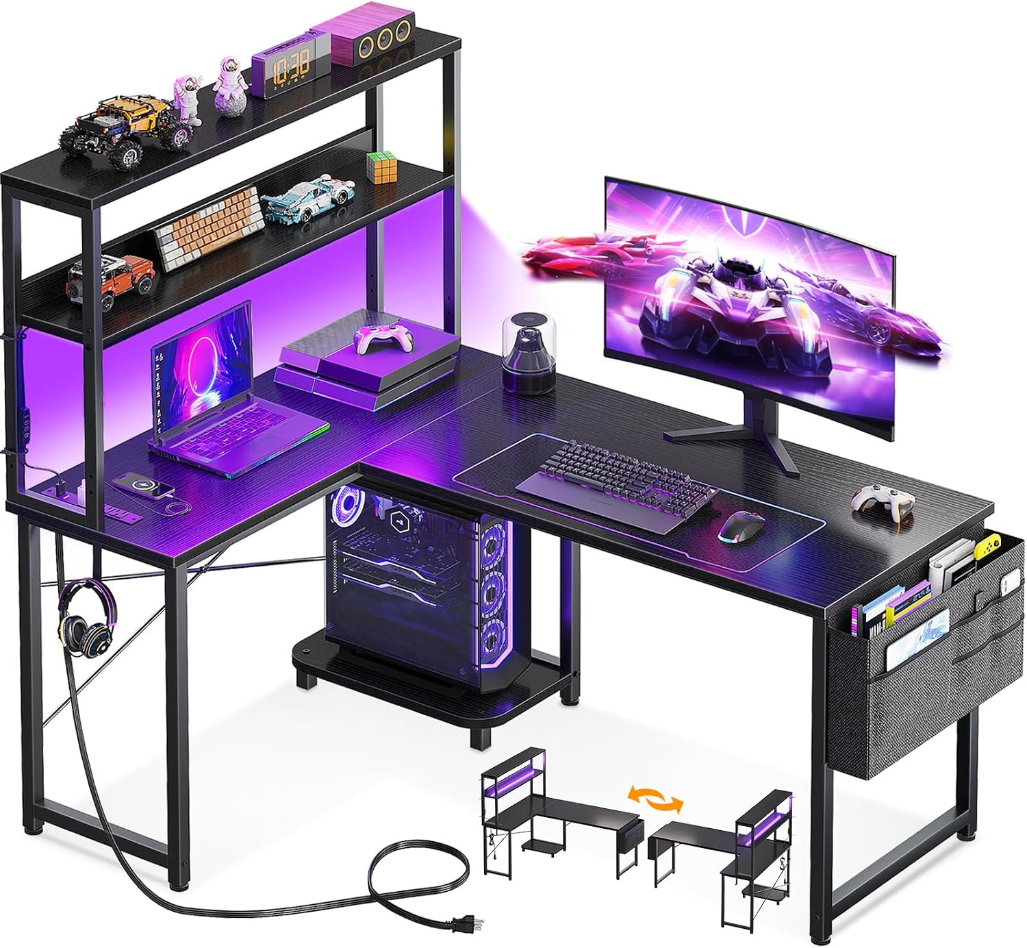 AODK L Shaped Desk Gaming Desk with LED Light and Power Outlet, 53 Inch Reversible L Shaped Computer Table with Shelf and Storage Bag and Hook for