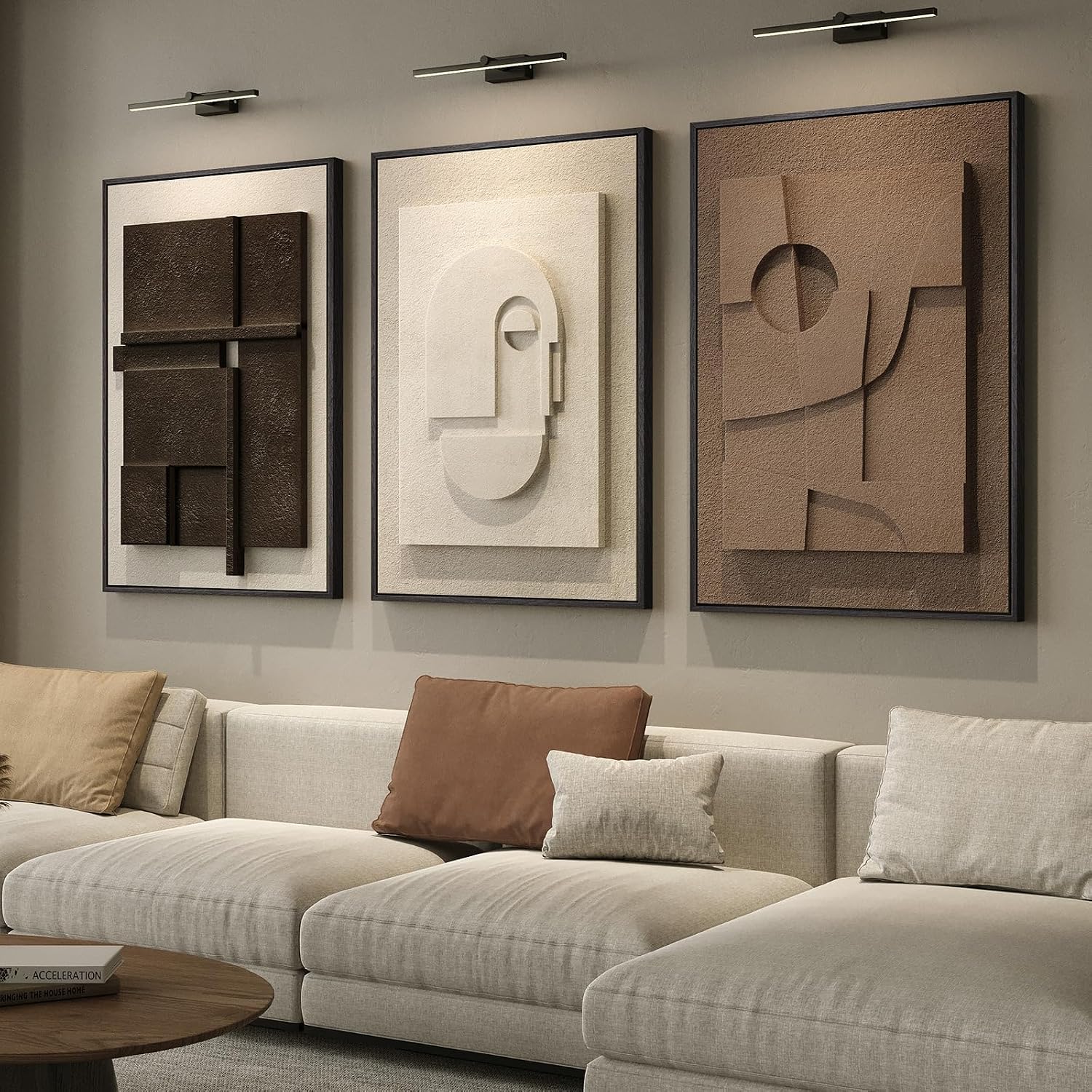 Large 3D Textured Framed Boho Modern Neutral Abstract Wall Art for Living Room, 3 Piece Black White Brown Paintings Artwork for Walls