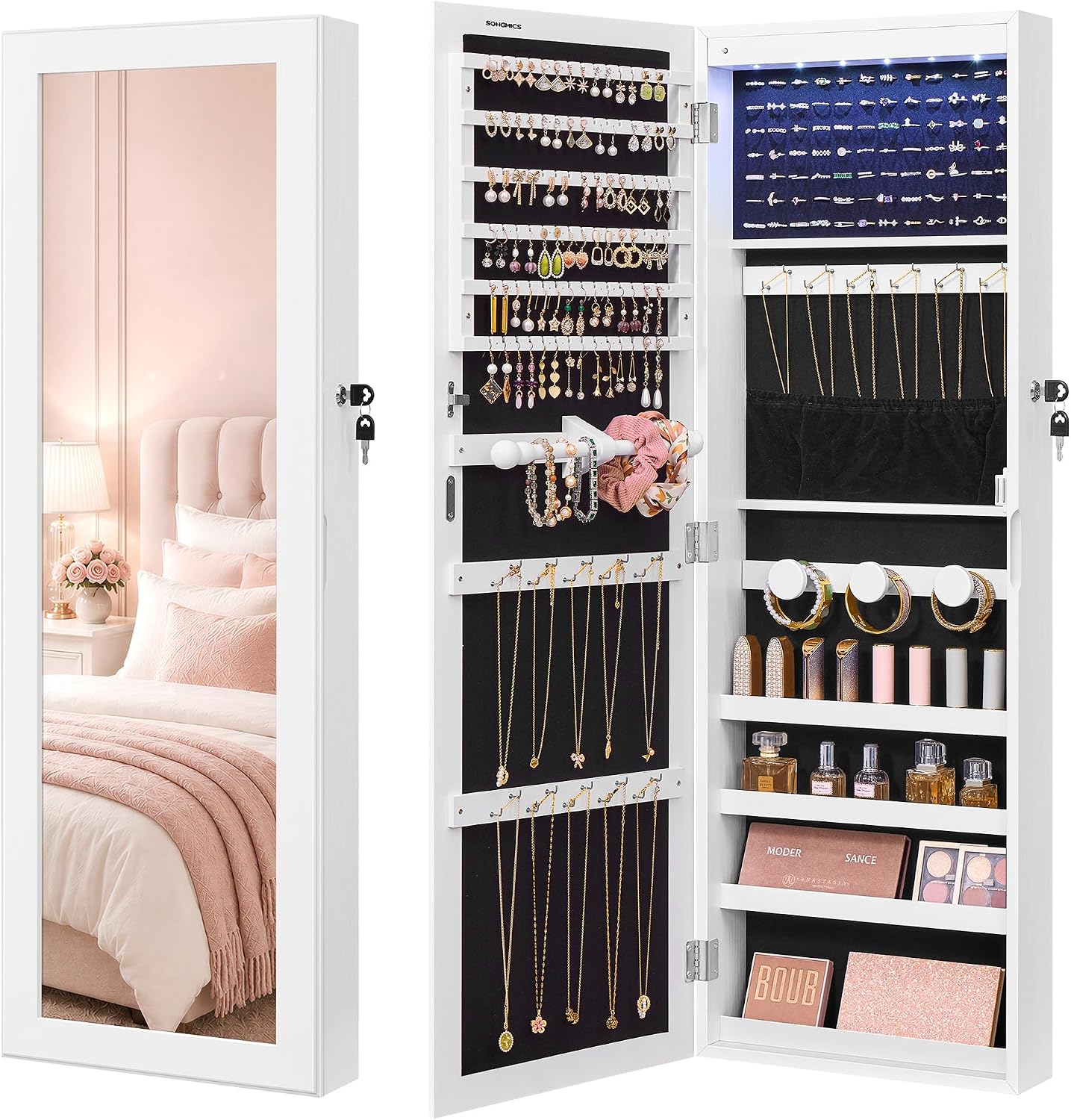 SONGMICS 6 LEDs Mirror Jewelry Cabinet, 47.2-Inch Tall Lockable Wall or Door Mounted Jewelry Armoire Organizer with Mirror, 2 Drawers