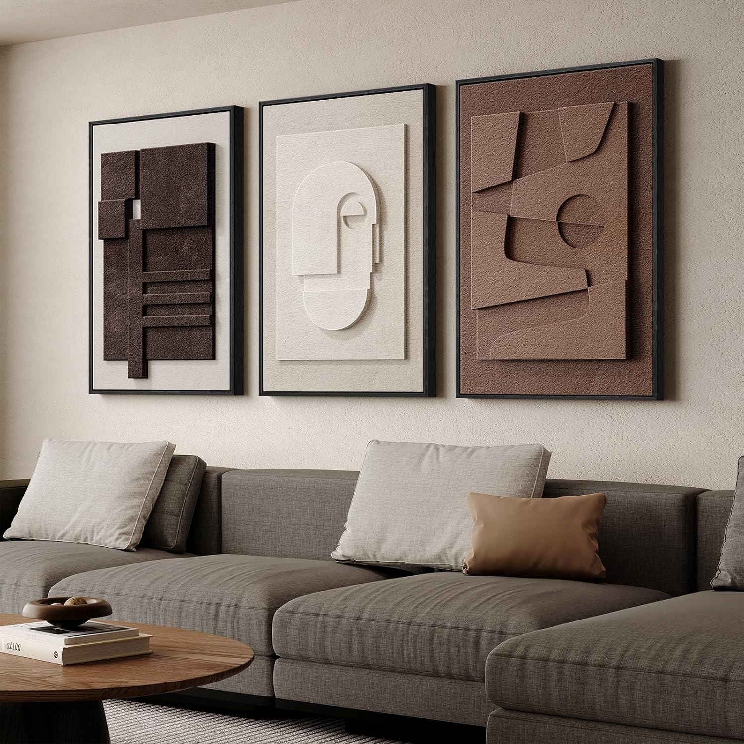 Large 3D Textured Framed Boho Modern Neutral Abstract Wall Art for Living Room, 3 Piece Black White Brown Paintings Artwork for Walls