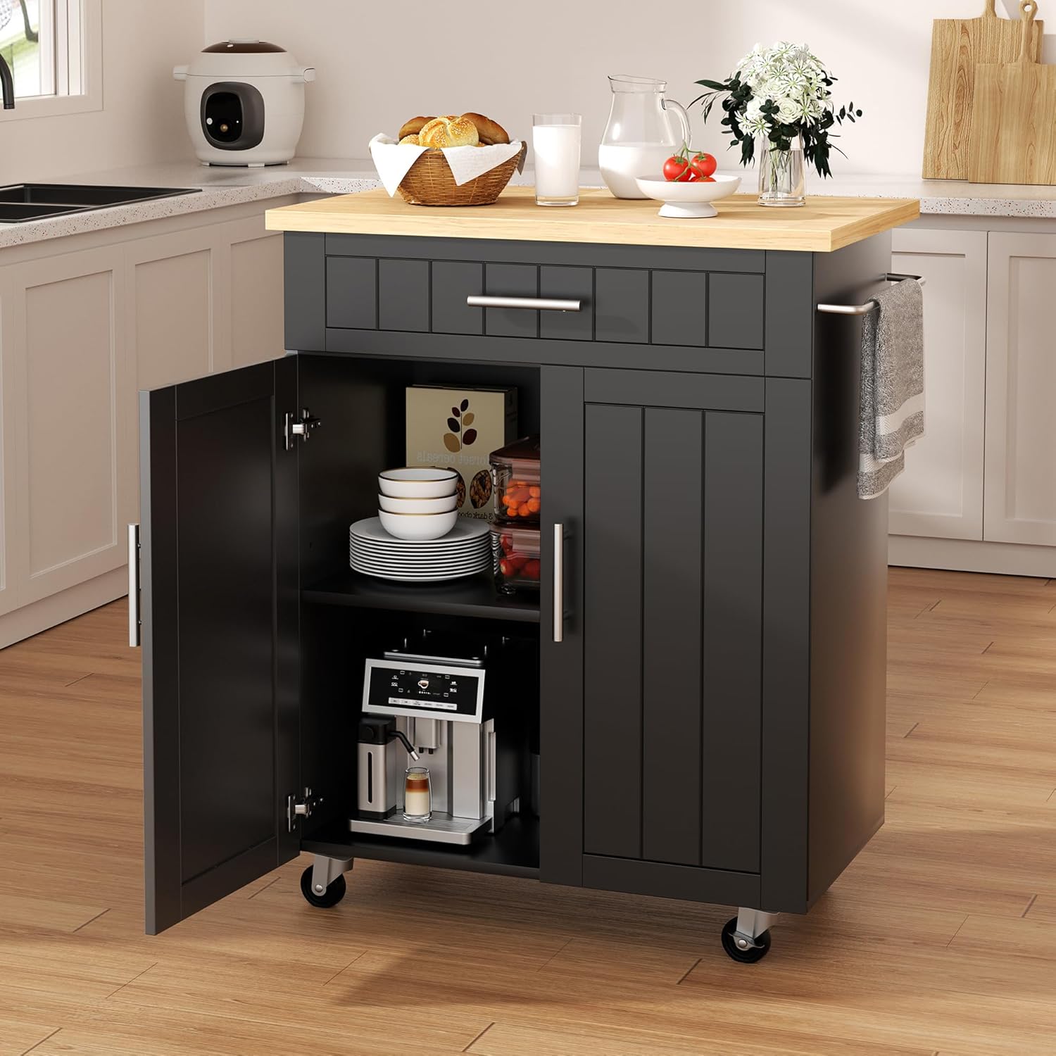Shintenchi Kitchen Island cart with Storage, Portable Bar Cabinet on Wheels, Rolling Microwave Cart Side Table with Workstation for Kitchen, White