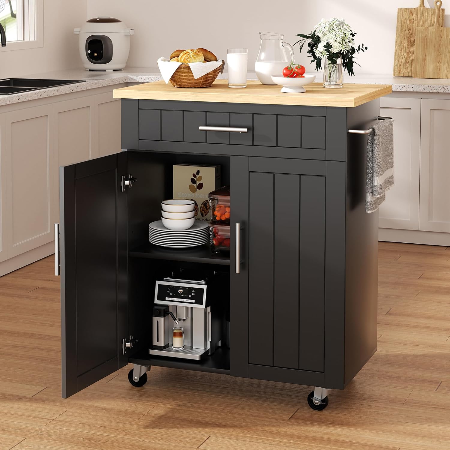Shintenchi Kitchen Island cart with Storage, Portable Bar Cabinet on Wheels, Rolling Microwave Cart Side Table with Workstation for Kitchen, Black