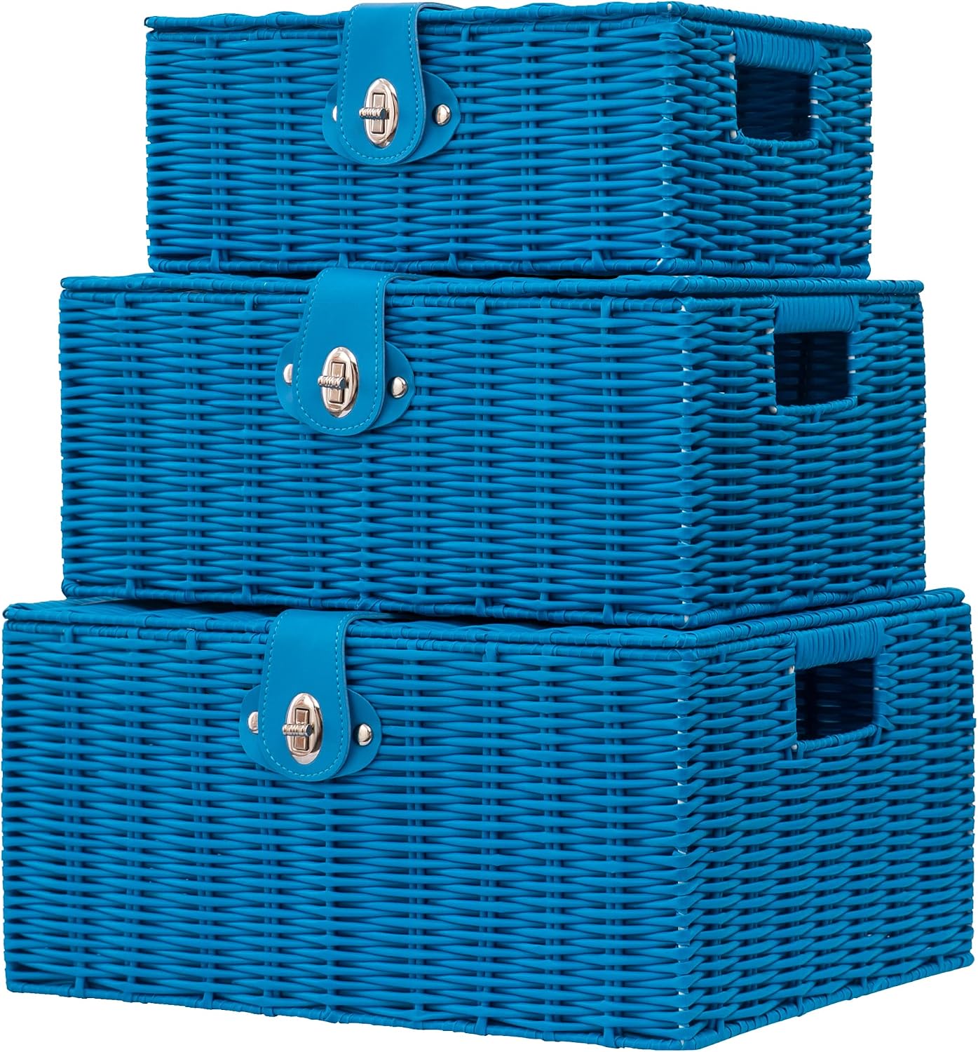Homepeaz Set of 3 Woven Wicker Storage Basket Box with Lids and Lock, Built-in Carry Handles, Multifunctional Storage Organizer for Nursery, Baby