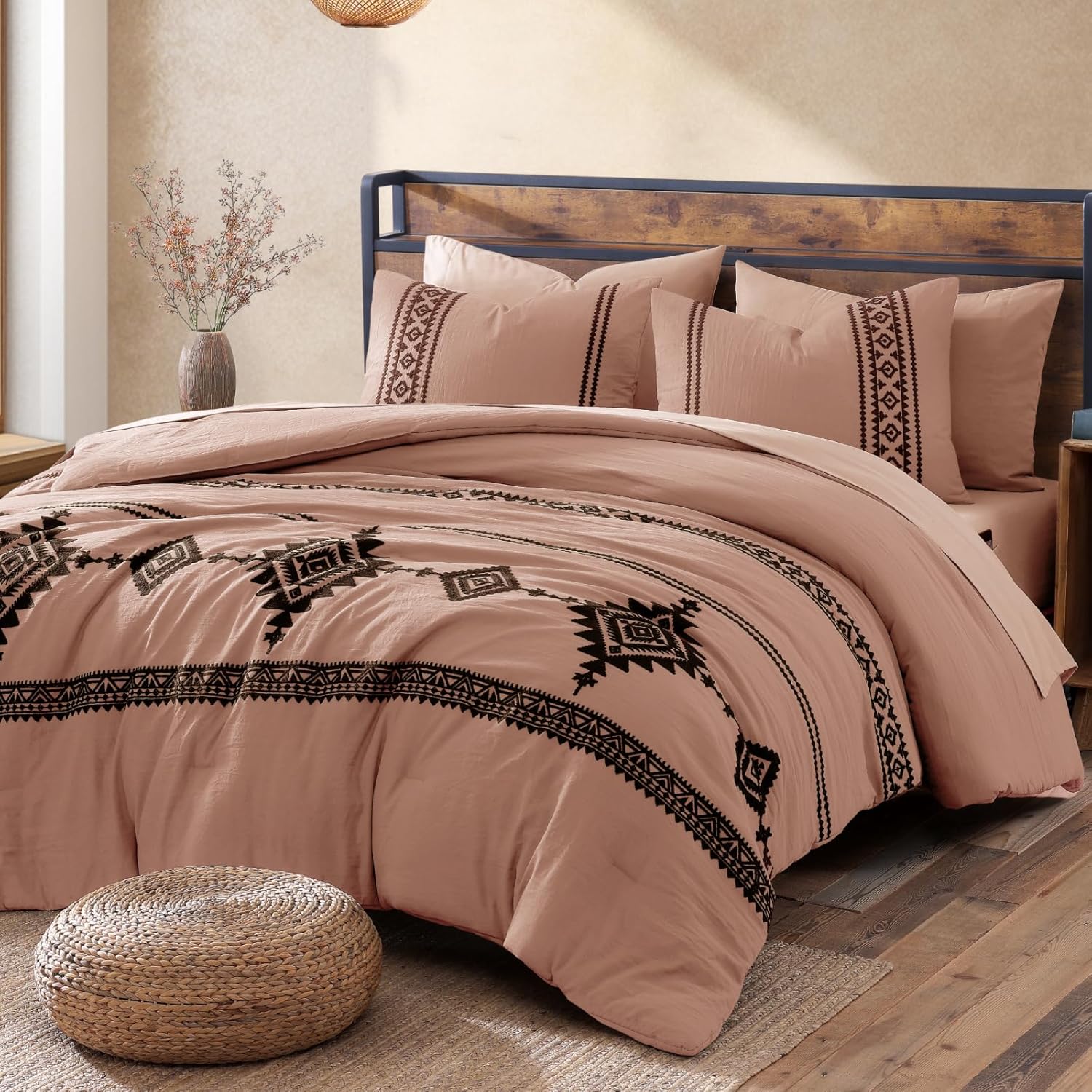 MaiRêve Embroidery Comforter Set Queen Size - 7 Piece, White Boho Western Bedding All Season Bed in A Bag, Farmhouse Queen Comforter Set with Sheets
