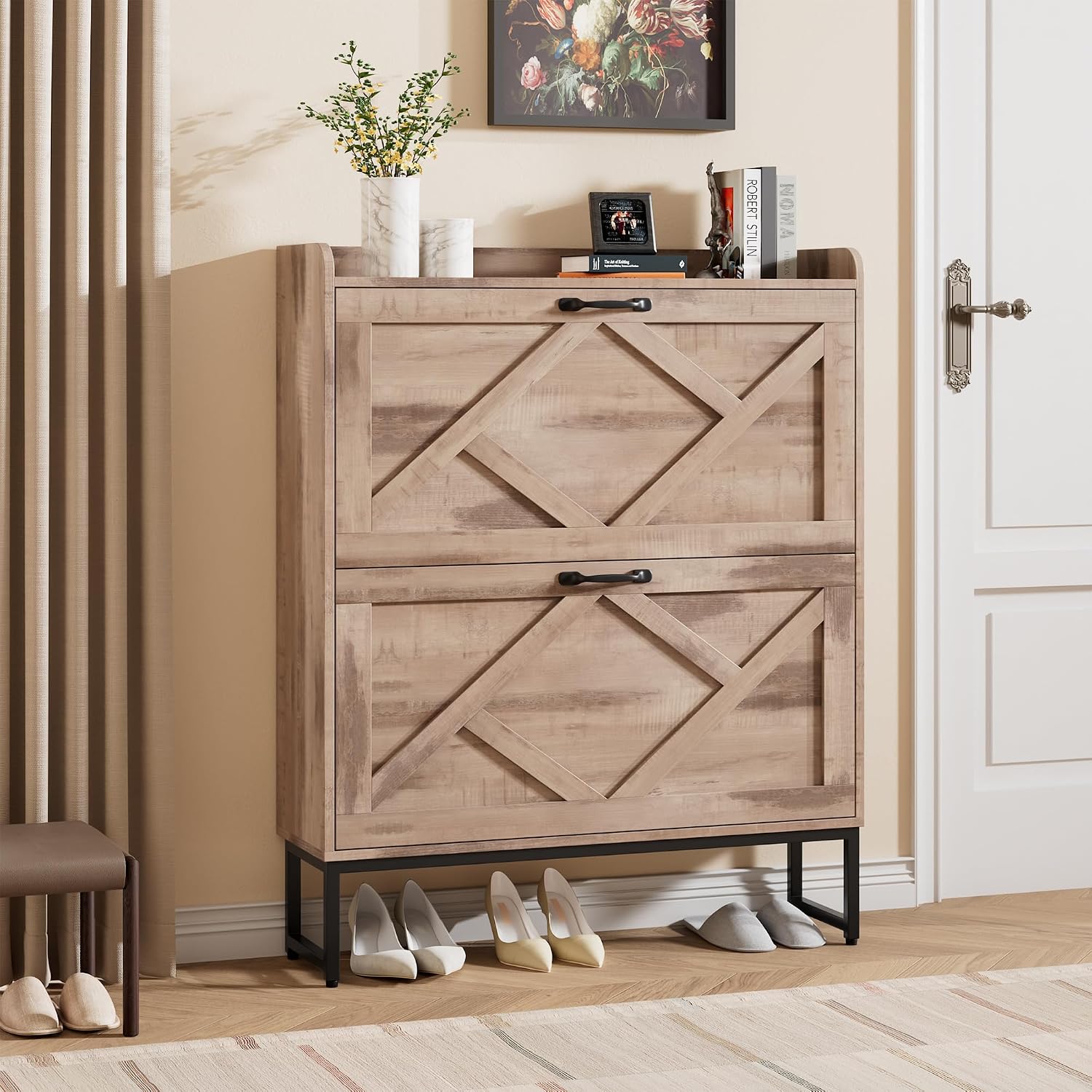 Shoe Cabinet with 2 Flip Drawers, Entryway Organizer, Chestnut, Slim Wood Shoe Rack with Metal Legs, Farmhouse Shoe Cabinet Storage for Entryway