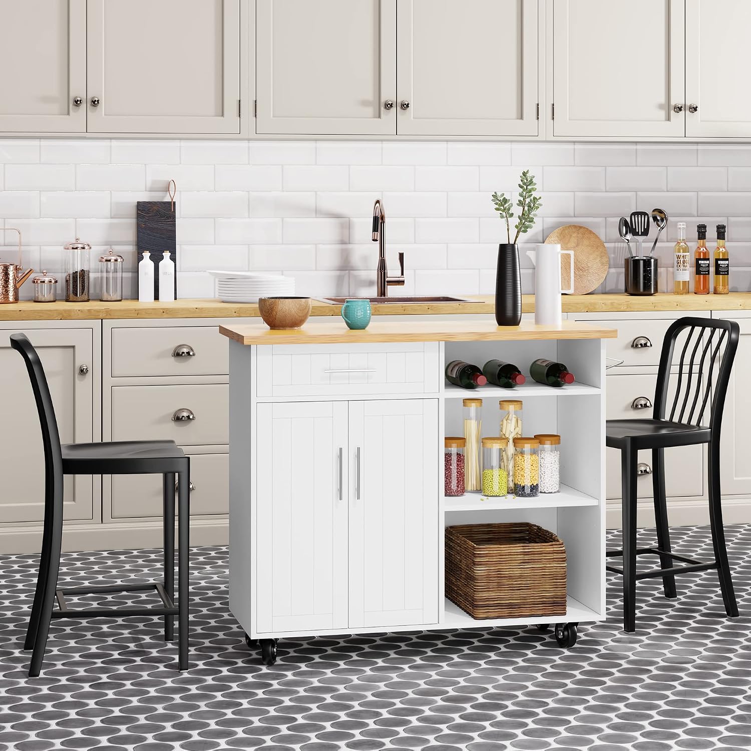 Shintenchi Kitchen Island cart with Storage, Portable Bar Cabinet on Wheels, Rolling Microwave Cart Side Table with Workstation for Kitchen, White