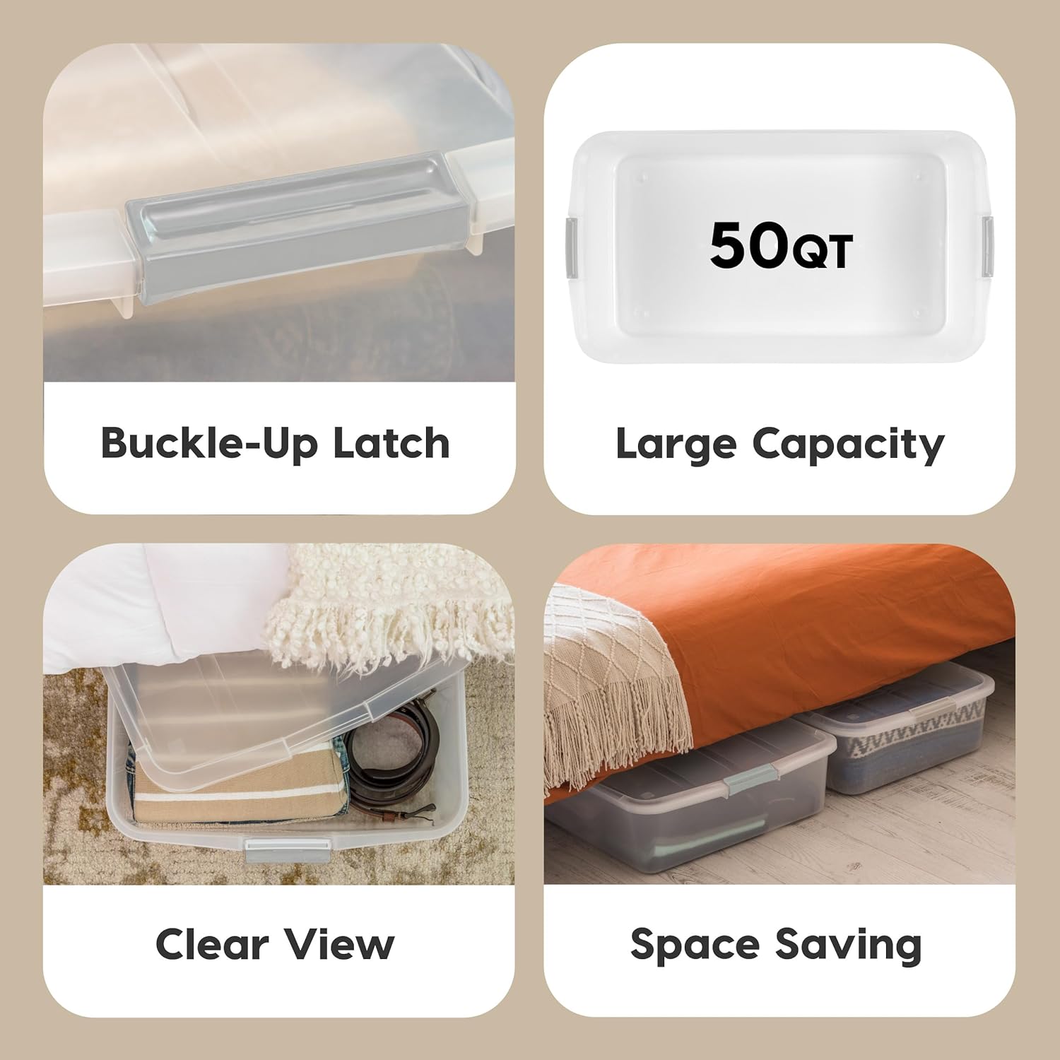 IRIS USA 50 Qt. Long Under Bed Storage Bin with Lids, Clear, Store seasonal clothing, shoes, blankets