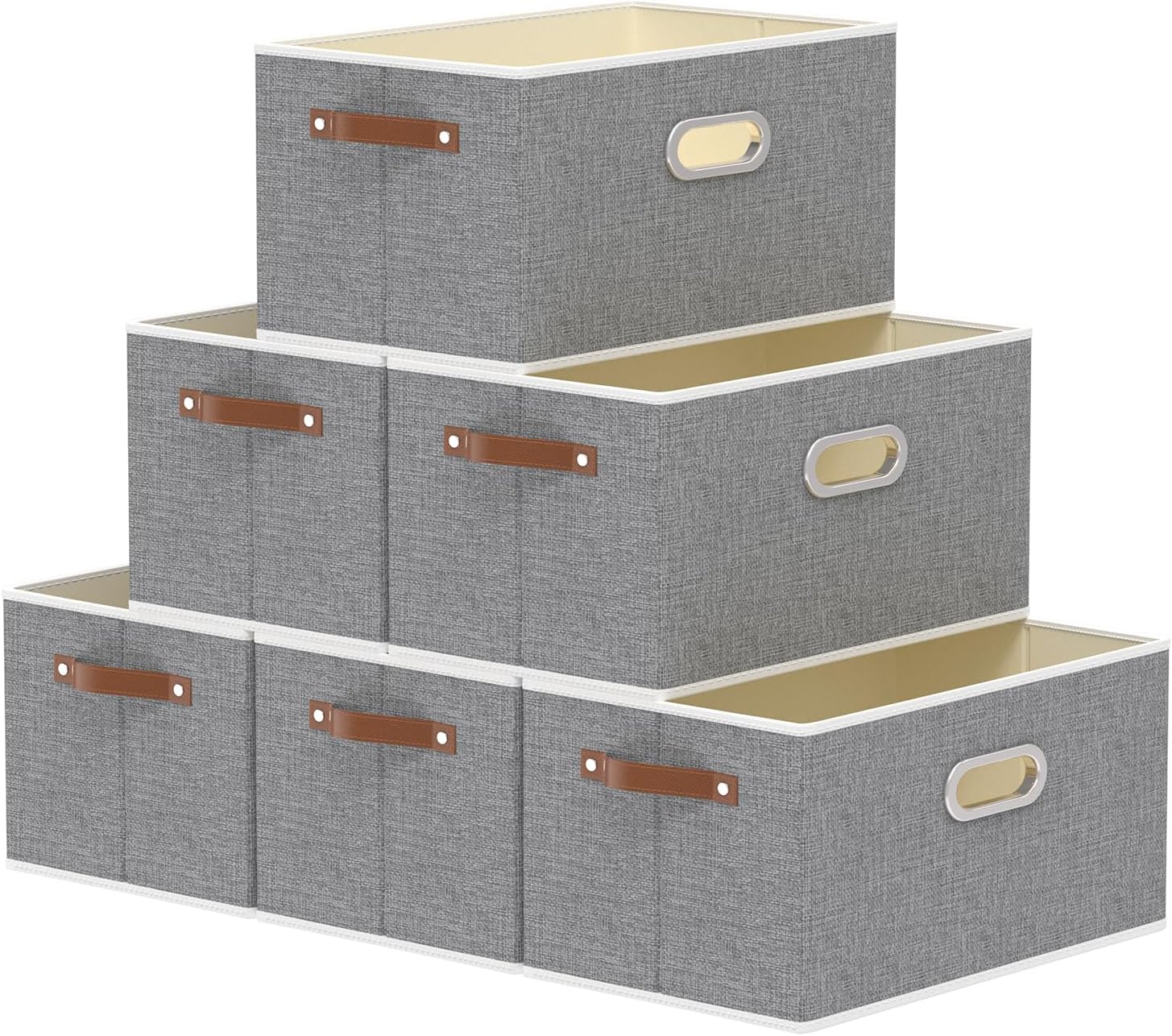 Yawinhe Foldable Storage Baskets for Shelves, 16.9x11.8x10.2in, Beige, 6-Pack, Collapsible Storage Bins for Towels