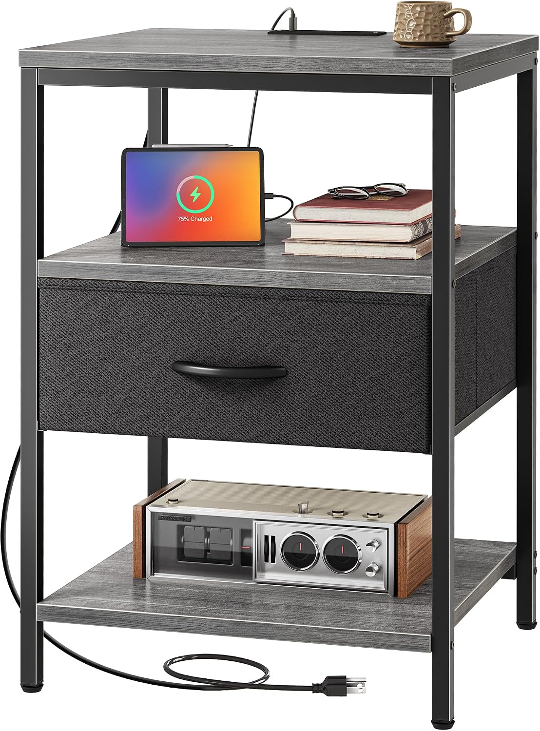 SUPERJARE Nightstand Set of 2, Bed Side Tables with Charging Station, Adjustable Fabric Drawer, Night Stand for Bedroom, 3-Tier Storage End Tables