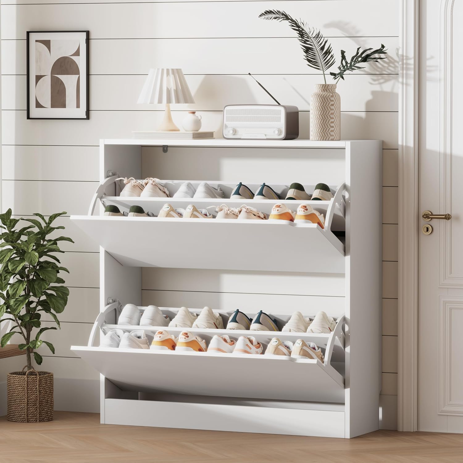 Shoe Storage Cabinet for Entryway with 3 Flip Drawers, Sturdy Wood Hidden Shoe Storage