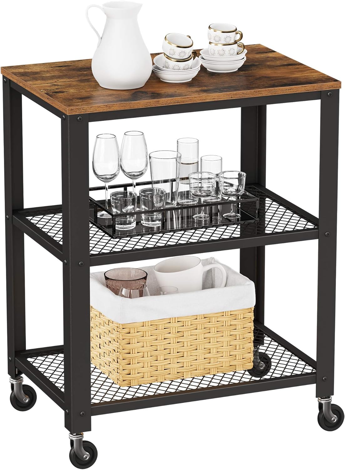 VASAGLE Kitchen Shelf on Wheels, 23.6 Inches Serving Cart with 3 Shelves, Kitchen Cart, Microwave Shelf, for Mini Oven, Toaster, with 6 Hooks