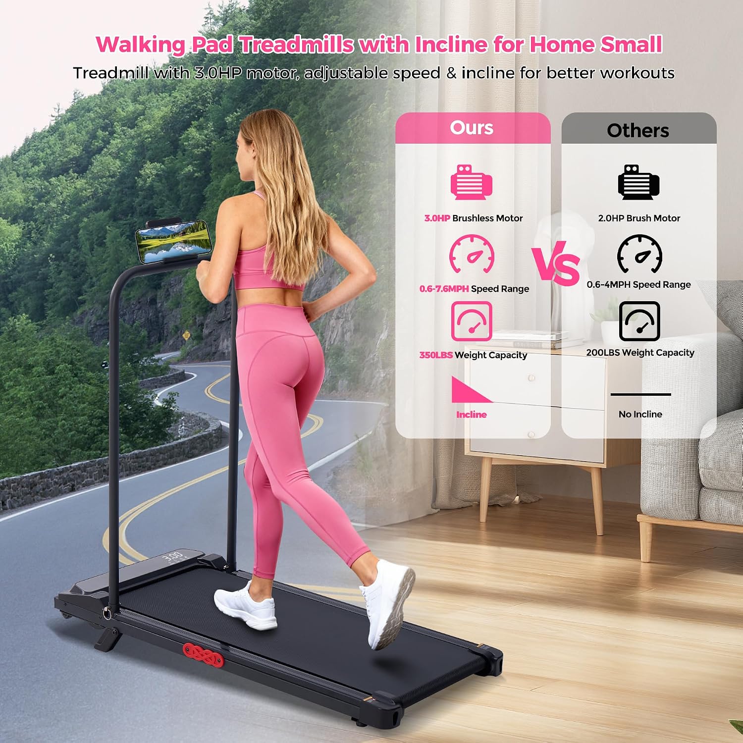Walking Pad with Incline and Handle Bar, Electric Small Walking Pads Treadmills with Handles, Compact Treadmills for Home Small Spaces, 3.0HP