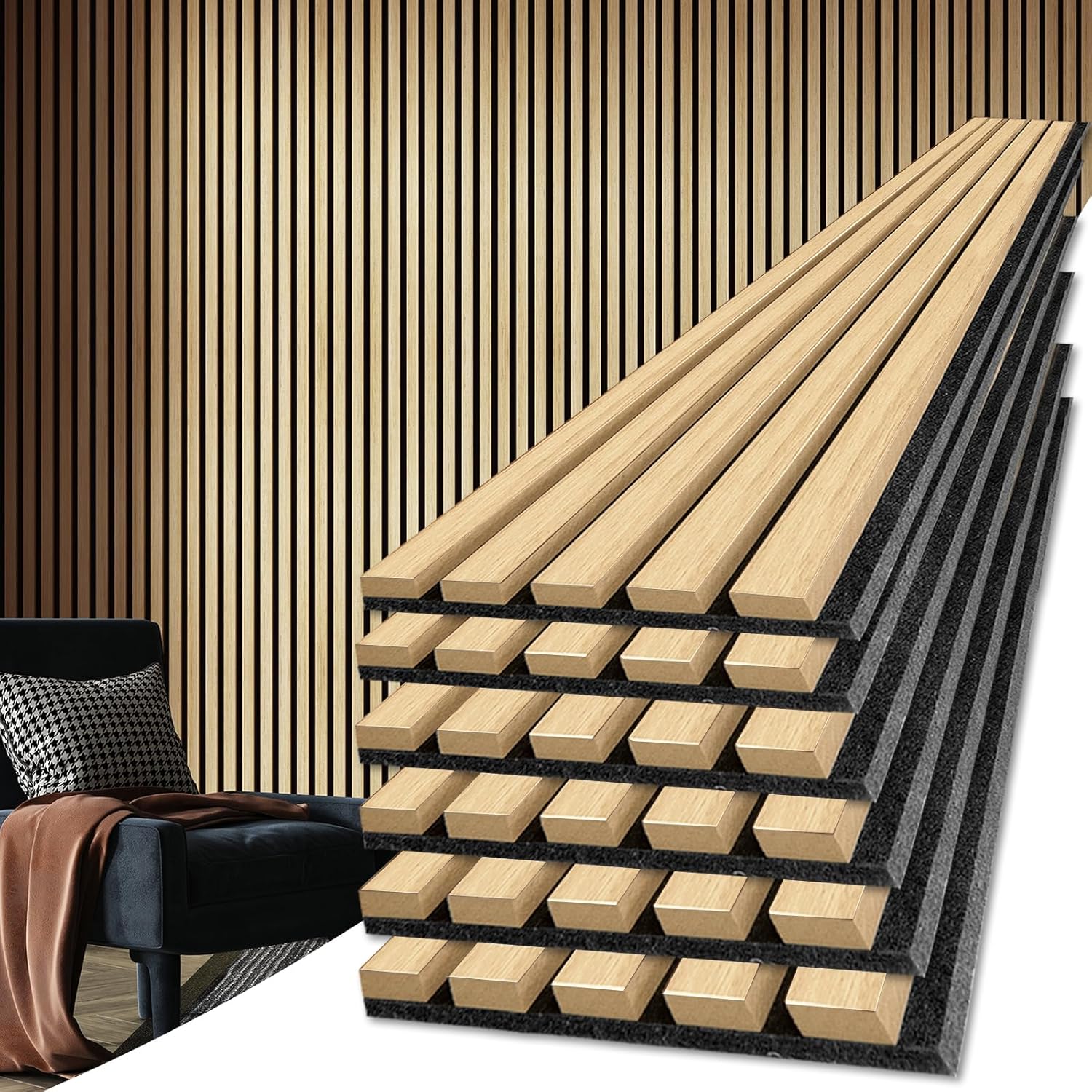 Art3d 6-Piece Wood Slat Acoustic Panels for Stylish Decor and Noise Reduction, 3D Textured Panel for Ceiling and Wall, Walnut