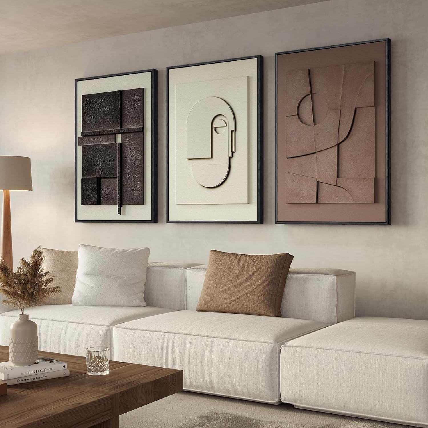 Large 3D Textured Framed Boho Modern Neutral Abstract Wall Art for Living Room, 3 Piece Black White Brown Paintings Artwork for Walls