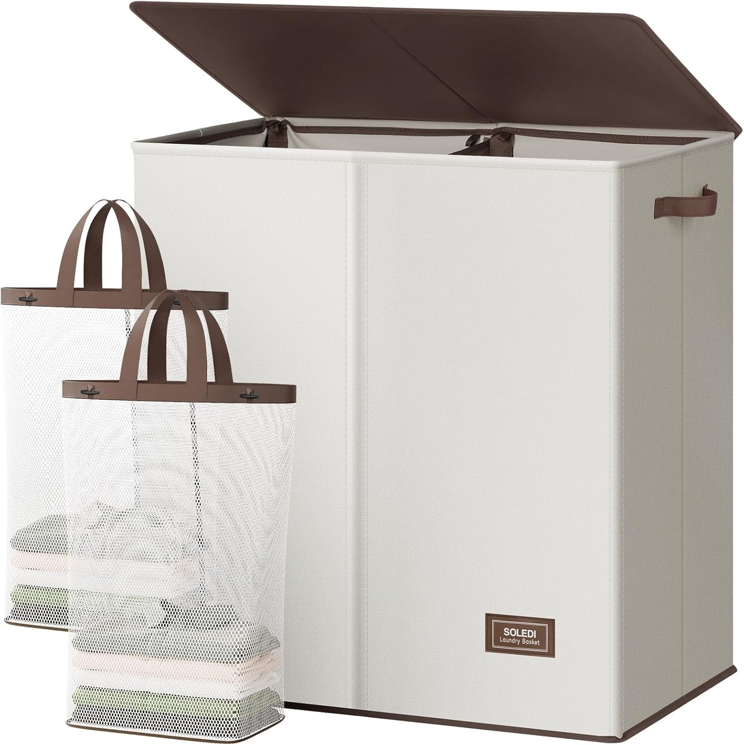 SOLEDI Luxury Double Laundry Hamper with Lid and Removable Bags, 38.3 Gal Large Laundry Bin, Laundry Basket 2 Sections