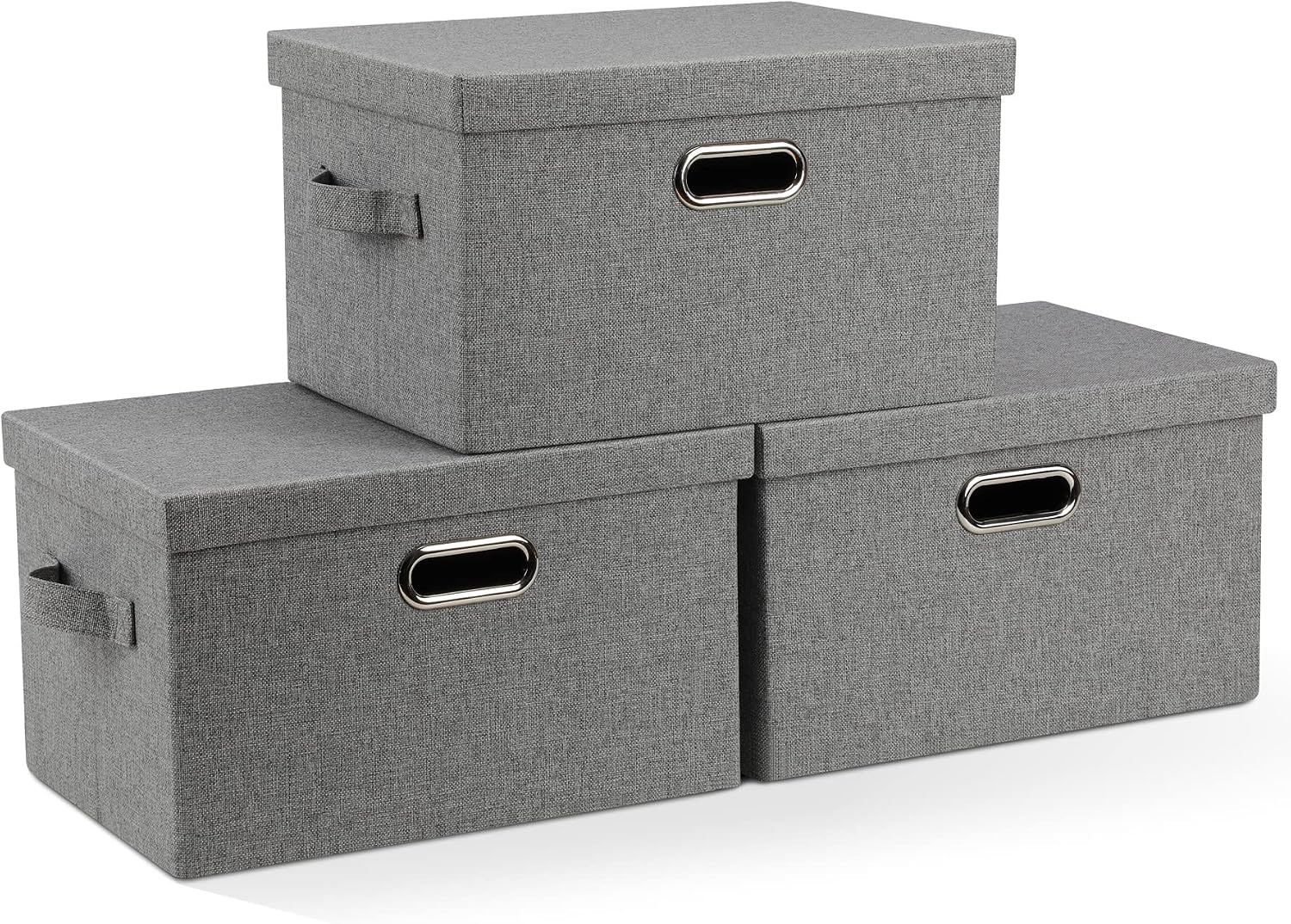 Graciadeco Large Quart Collapsible Stackable Storage Bins with Lids, 3 Packs Beige Linen Fabric Closet Boxes with Lids