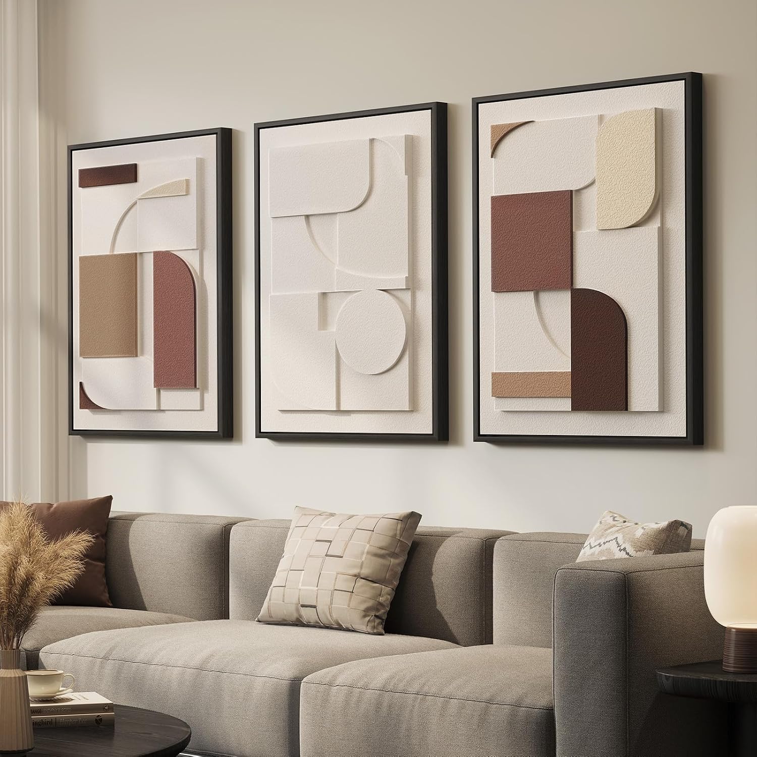3D Wood Textured Large Neutral Abstract Wall Art, Modern Beige Brown Geometric Paintings Artwork for Walls-Minimalist Wooden Wall Art Decor for Living