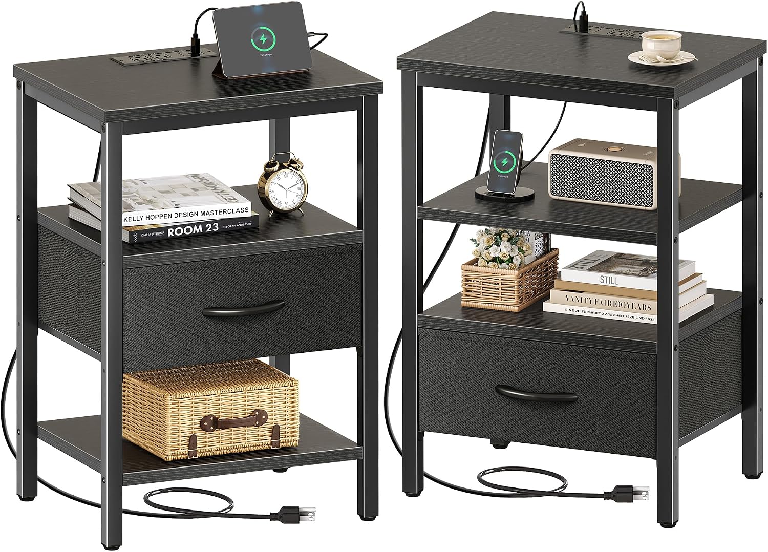 SUPERJARE Nightstand Set of 2, Bed Side Tables with Charging Station, Adjustable Fabric Drawer, Night Stand for Bedroom, 3-Tier Storage End Tables
