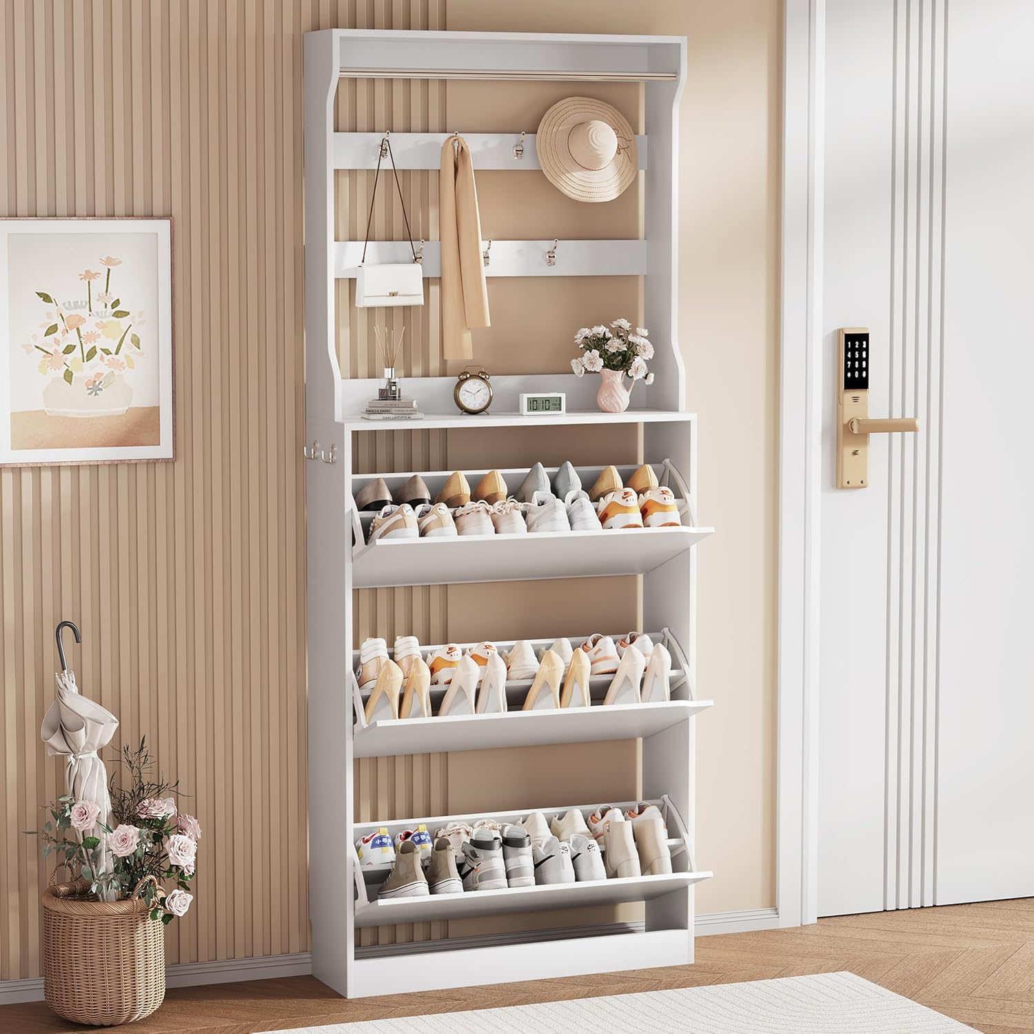 Shoe Storage Cabinet, Wood Shoe Organizer for Entryway with 3 Flip Drawers, Freestanding Shoe Rack with Adjustable Shelf