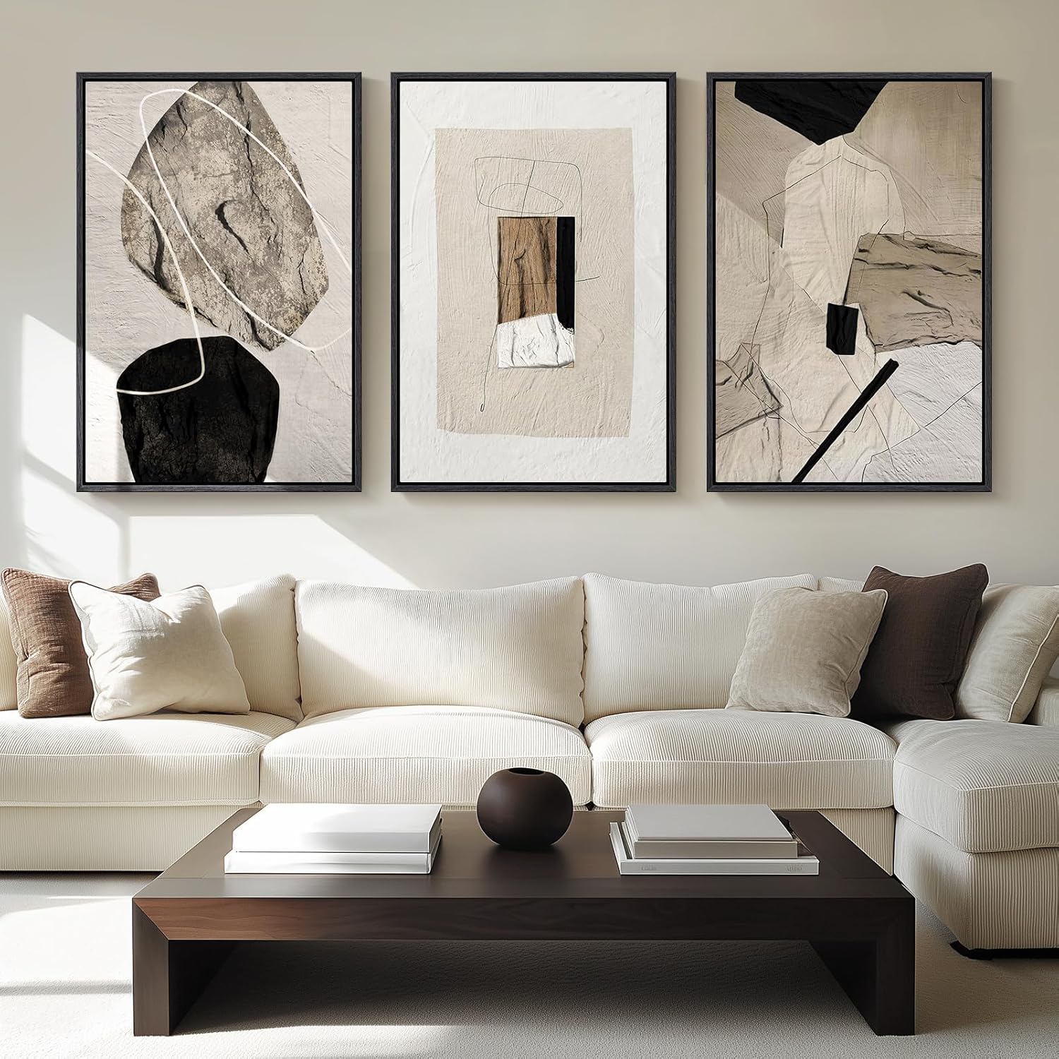Large Framed Neutral Abstract Wall Art for Living Room, 3 Piece Modern Canvas Prints Paintings Artwork for Walls