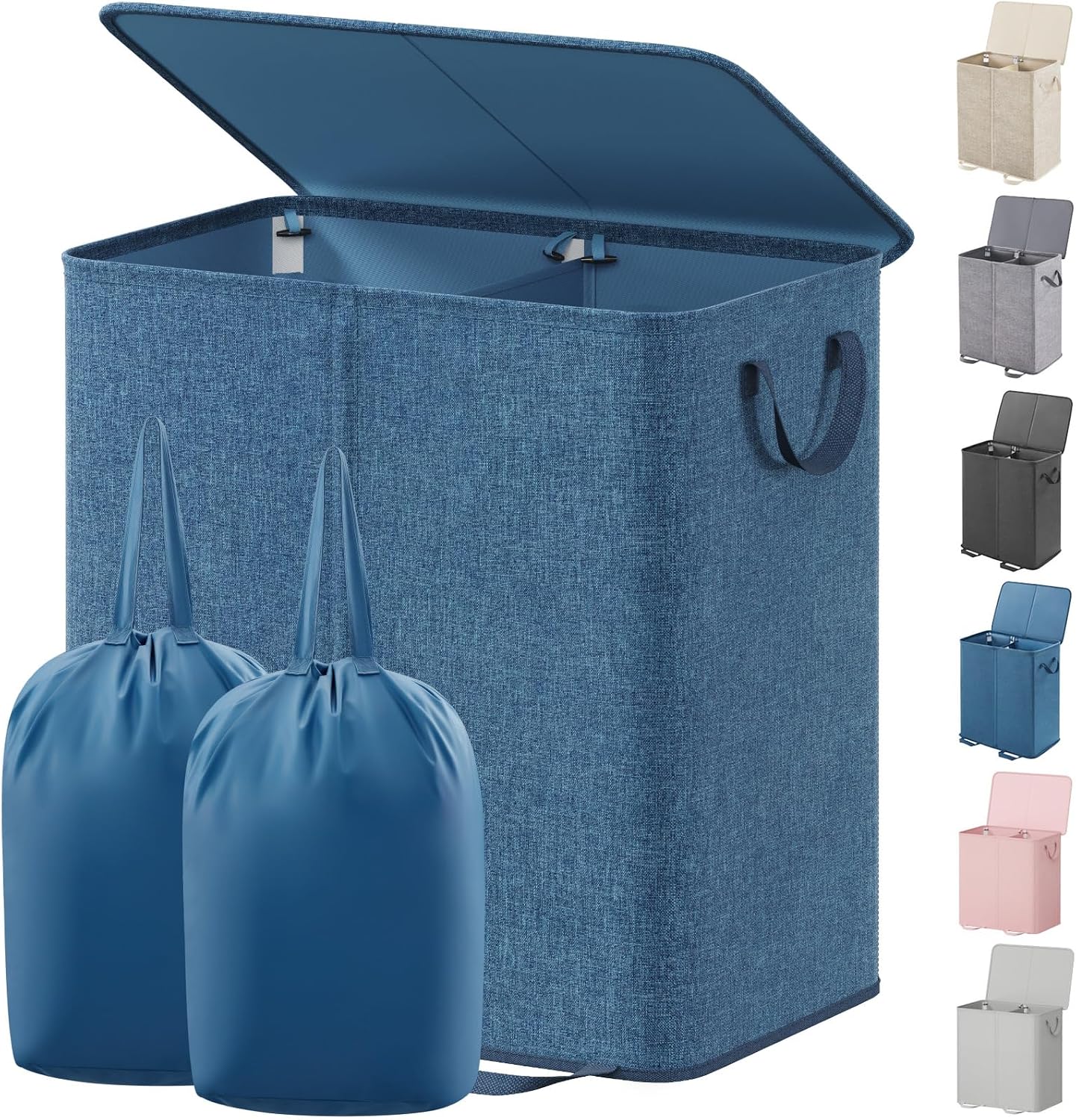 Lifewit Double Laundry Hamper with Lid and Removable Laundry Bags, Large Collapsible 2 Dividers Dirty Clothes Basket with Handles for Bedroom Laundry