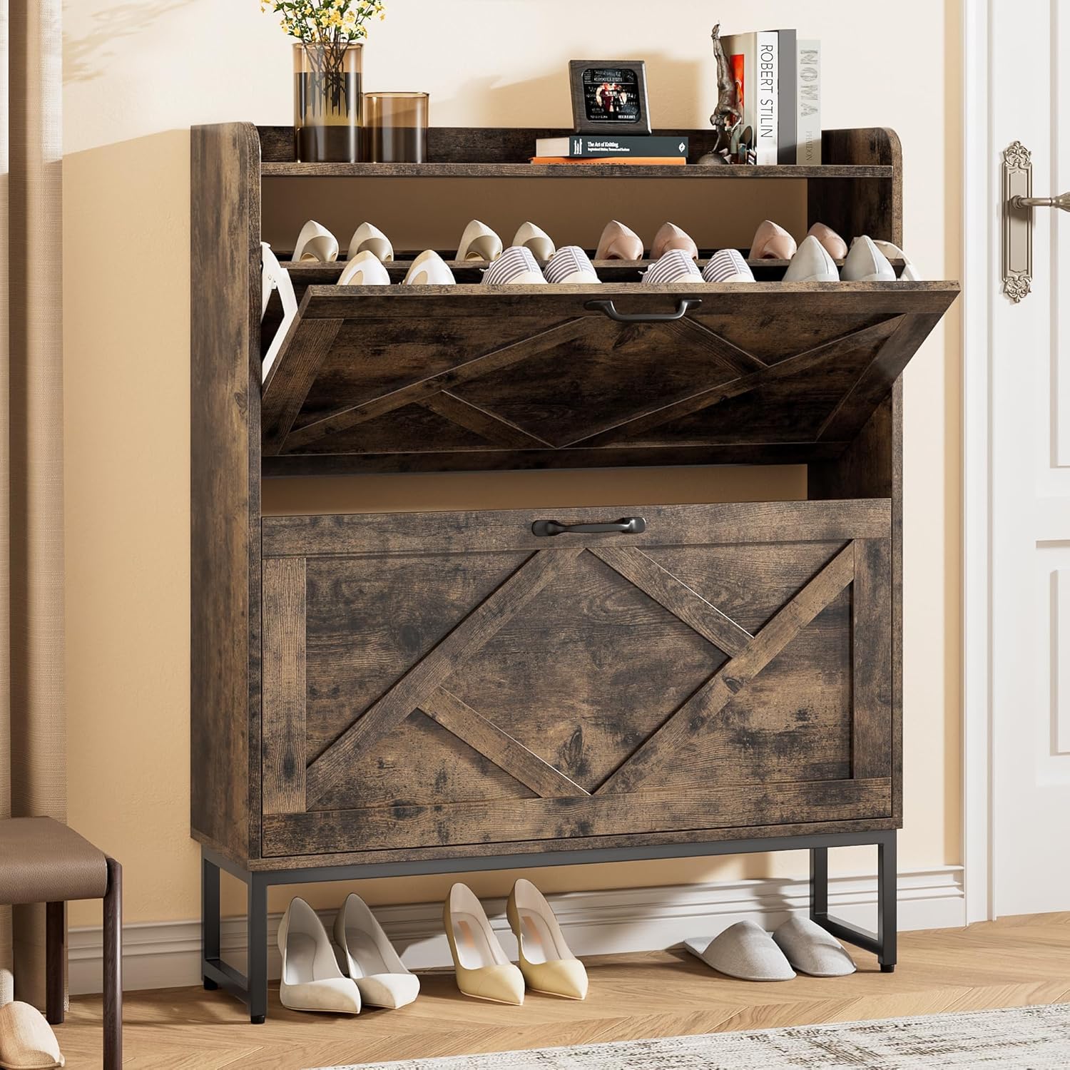 Shoe Cabinet with 2 Flip Drawers, Entryway Organizer, Chestnut, Slim Wood Shoe Rack with Metal Legs, Farmhouse Shoe Cabinet Storage for Entryway