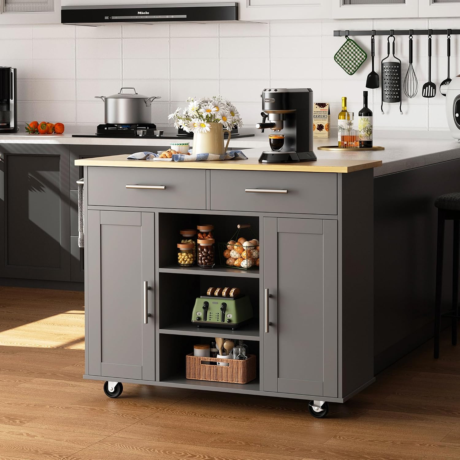 Shintenchi Kitchen Island cart with Storage, Portable Bar Cabinet on Wheels, Rolling Microwave Cart Side Table with Workstation for Kitchen, White