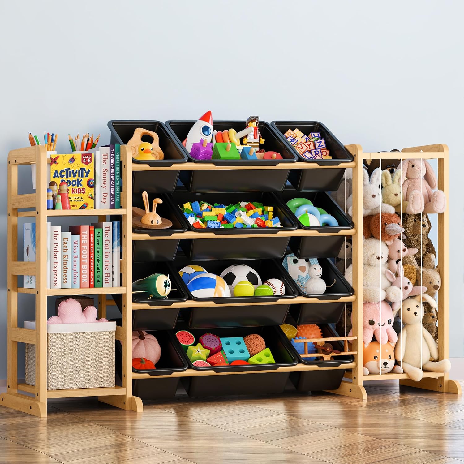 Toy Storage Organizer with Bookshelf and Stuffed Animal Storage - Playroom Organization with Shelves and 16 Bins - Living Room Box for Lego - Nursery