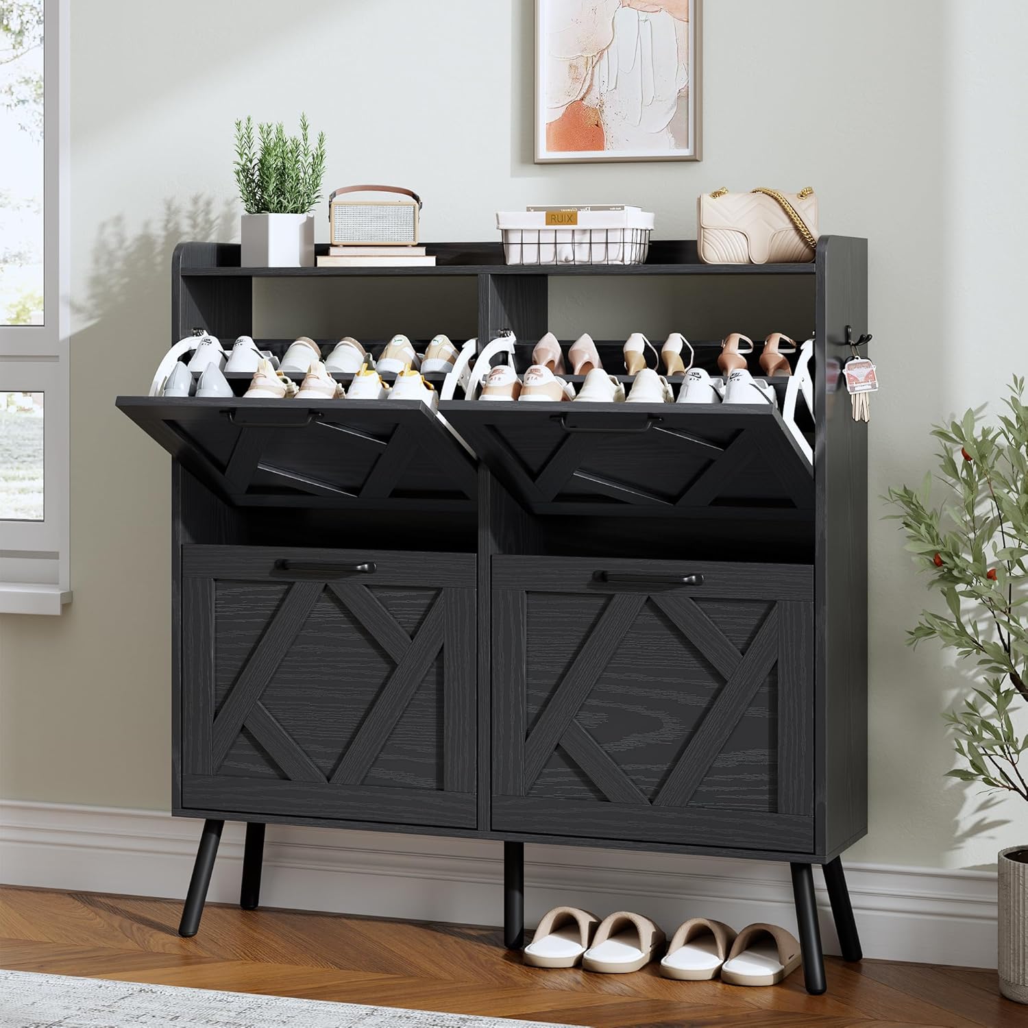 Shoe Cabinet with 2 Flip Drawers, Entryway Organizer, Chestnut, Slim Wood Shoe Rack with Metal Legs, Farmhouse Shoe Cabinet Storage for Entryway