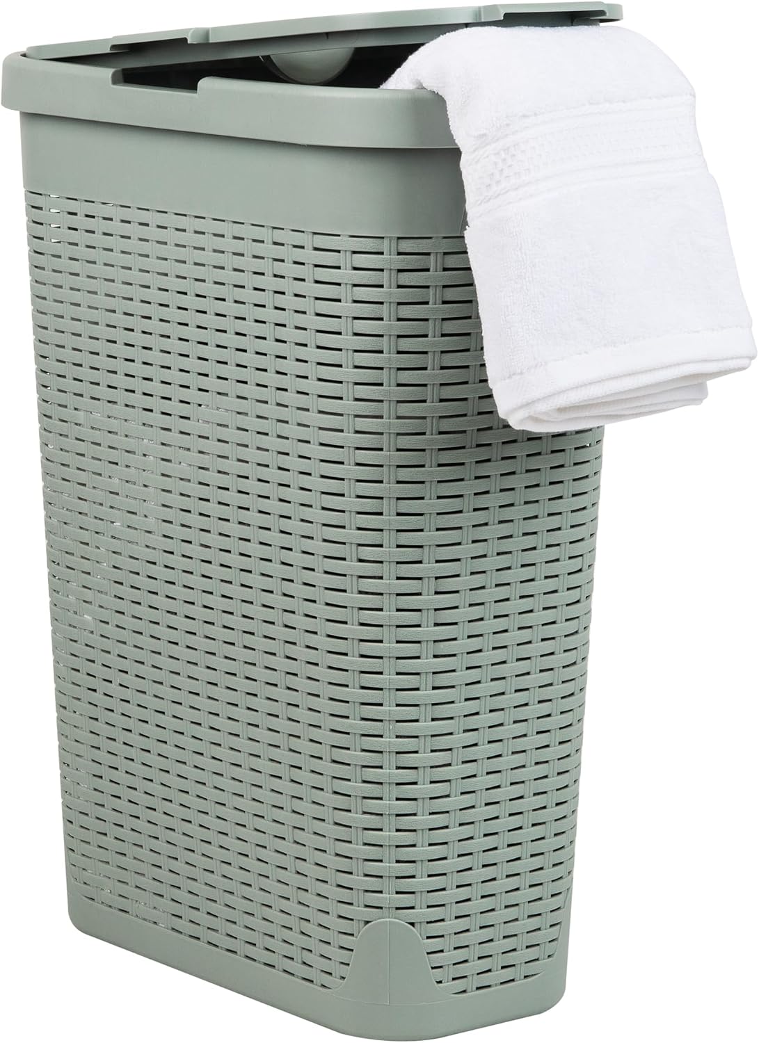 Mind Reader Slim Laundry Hamper with Lid, 40L Clothes Basket, Narrow Tapered Design with Ventilated Cutout Pattern, Plastic, White