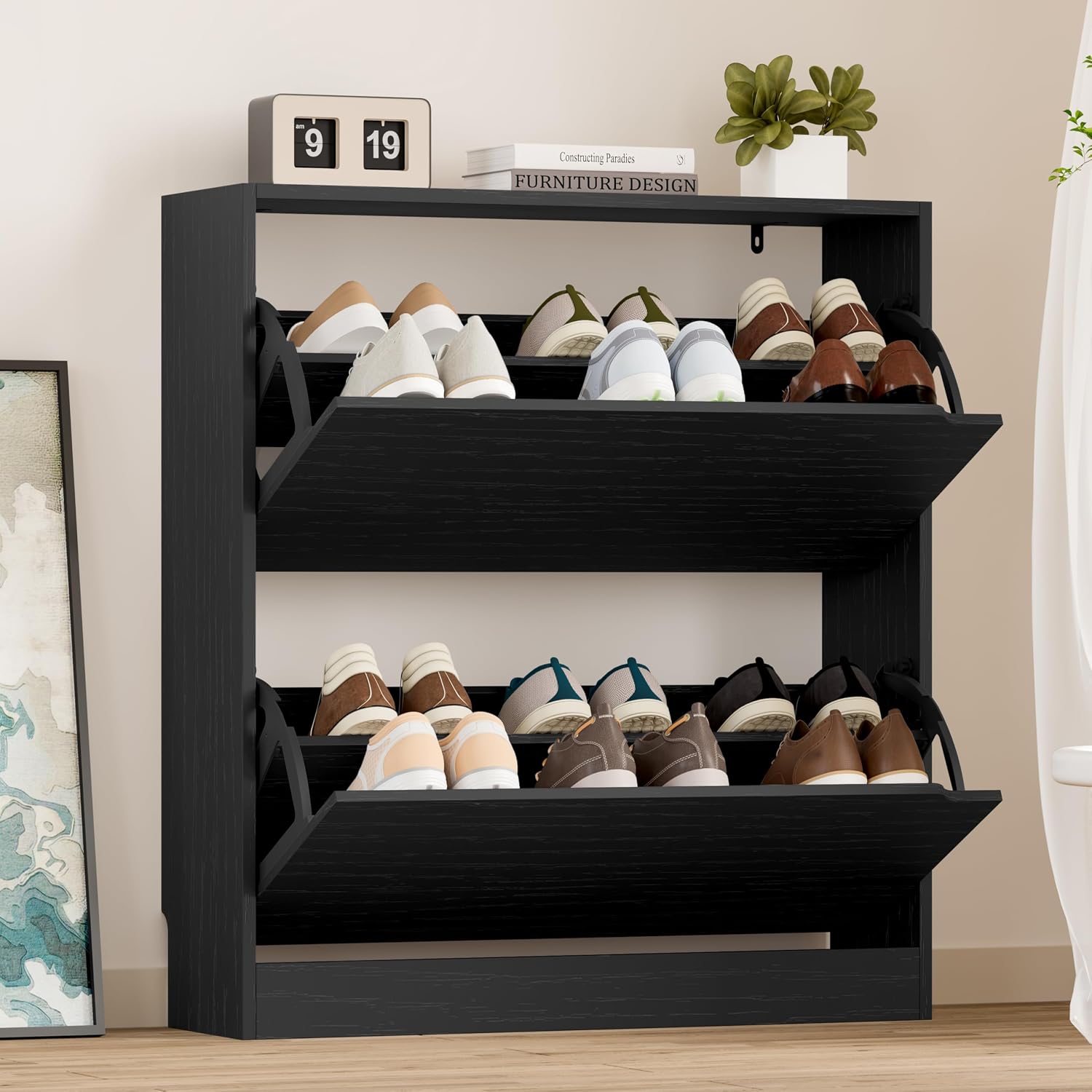 BORNOON Shoe Cabinet with Odor Control and Back Panels, Deodorizing Slim 3-Flip Shoe Storage Cabinet for Entryway