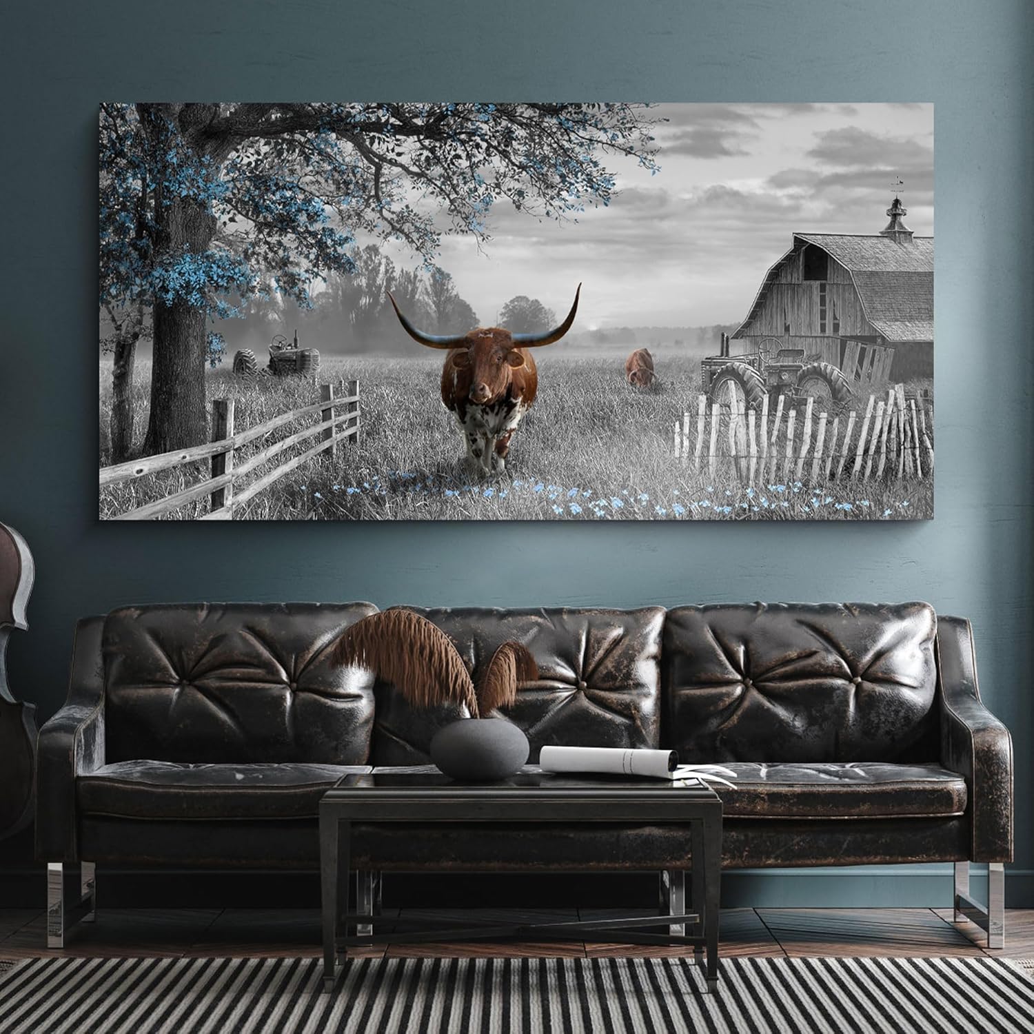 yiijeah Rustic Wall Art - Western Home Decor Cow Picture Extra Large Wall Decr Rustic Longhorn Living Room Bedroom Canvas Framed Artwork Farmhouse