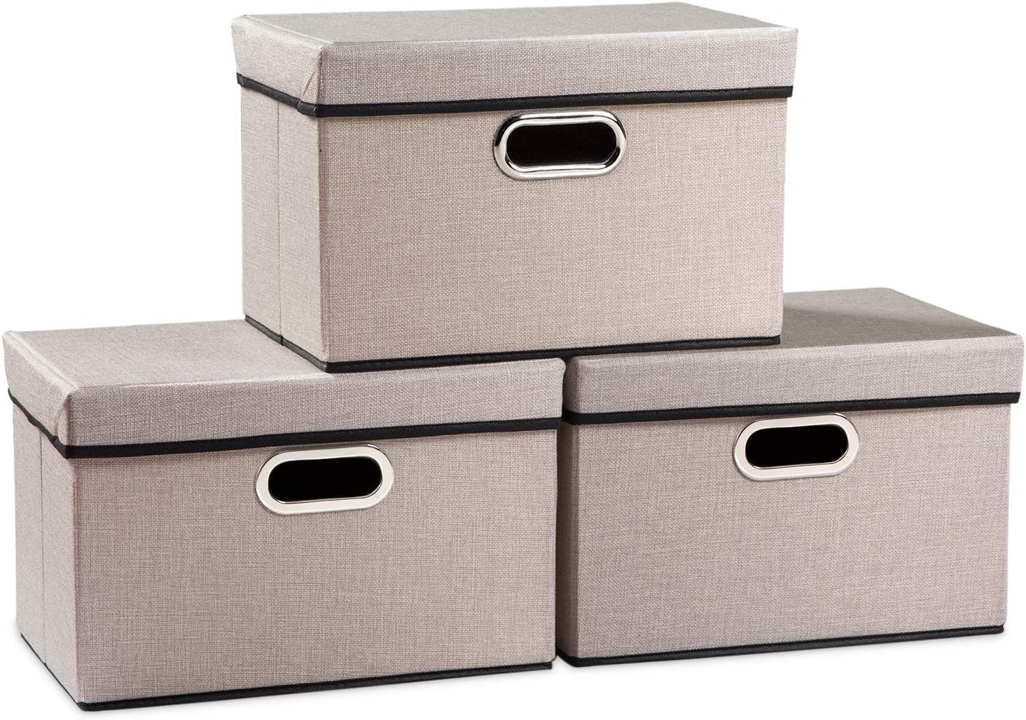 PRANDOM Large Collapsible Storage Bins with Lids 3-Pack Linen/Cotton Blend Foldable Storage Boxes Organizer Containers Baskets Cube with Cover for