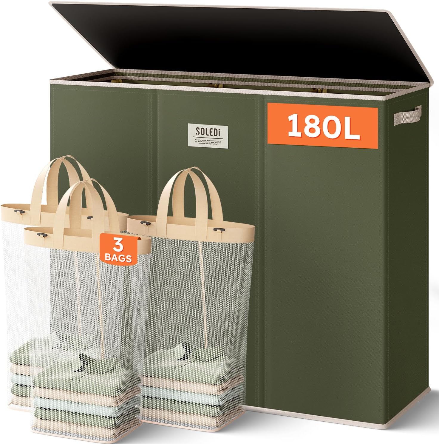 SOLEDI 180L Laundry Hamper 3 Section, Extra Large Laundry Hamper with Lid, Dirty Clothes Hamper with Sturdy Handle