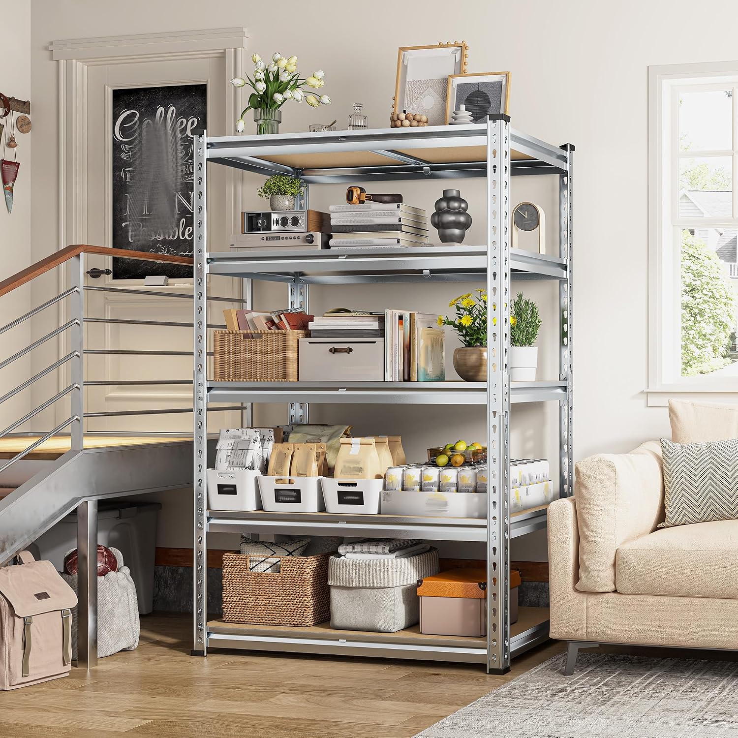 REIBII 5 Tier Garage Shelving for Pantry, Adjustable Storage Shelves, 35.5" W x 11.9" D x 72" H, Holds 2400 Lbs, 5 Reinforcing Ribs