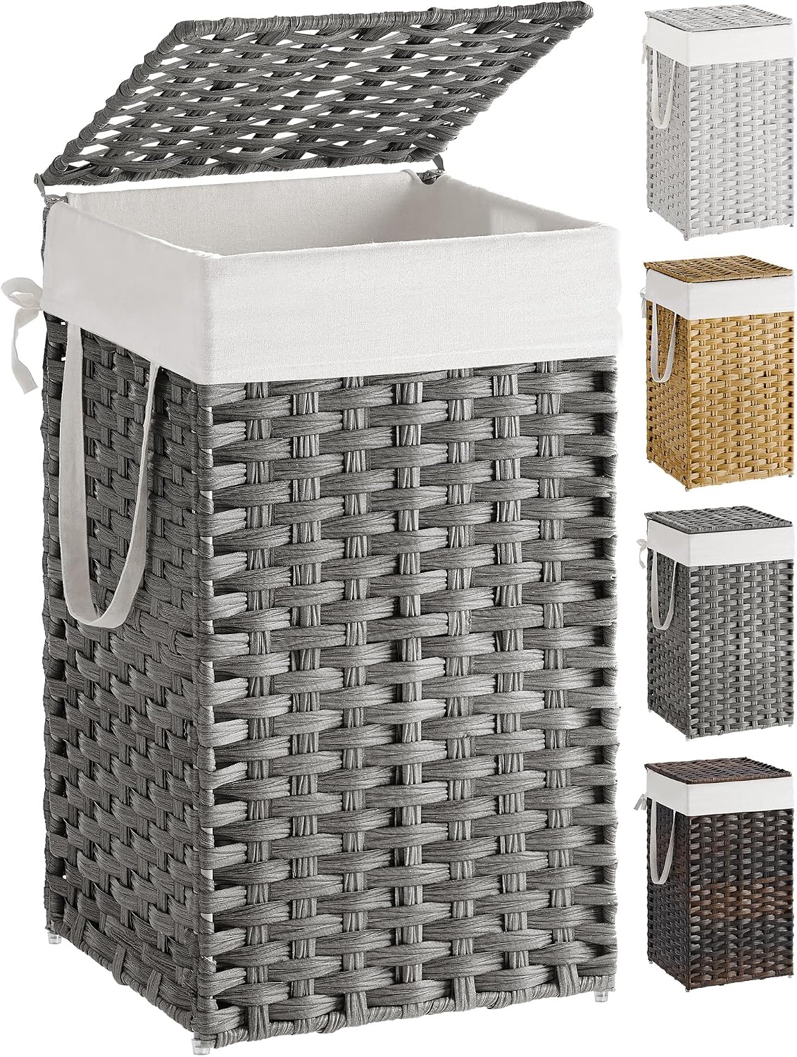SONGMICS Laundry Hamper with Lid, 23.8 Gallon (90 L) Synthetic Rattan Clothes Laundry Basket with Lid and Handles, Foldable, Removable Liner