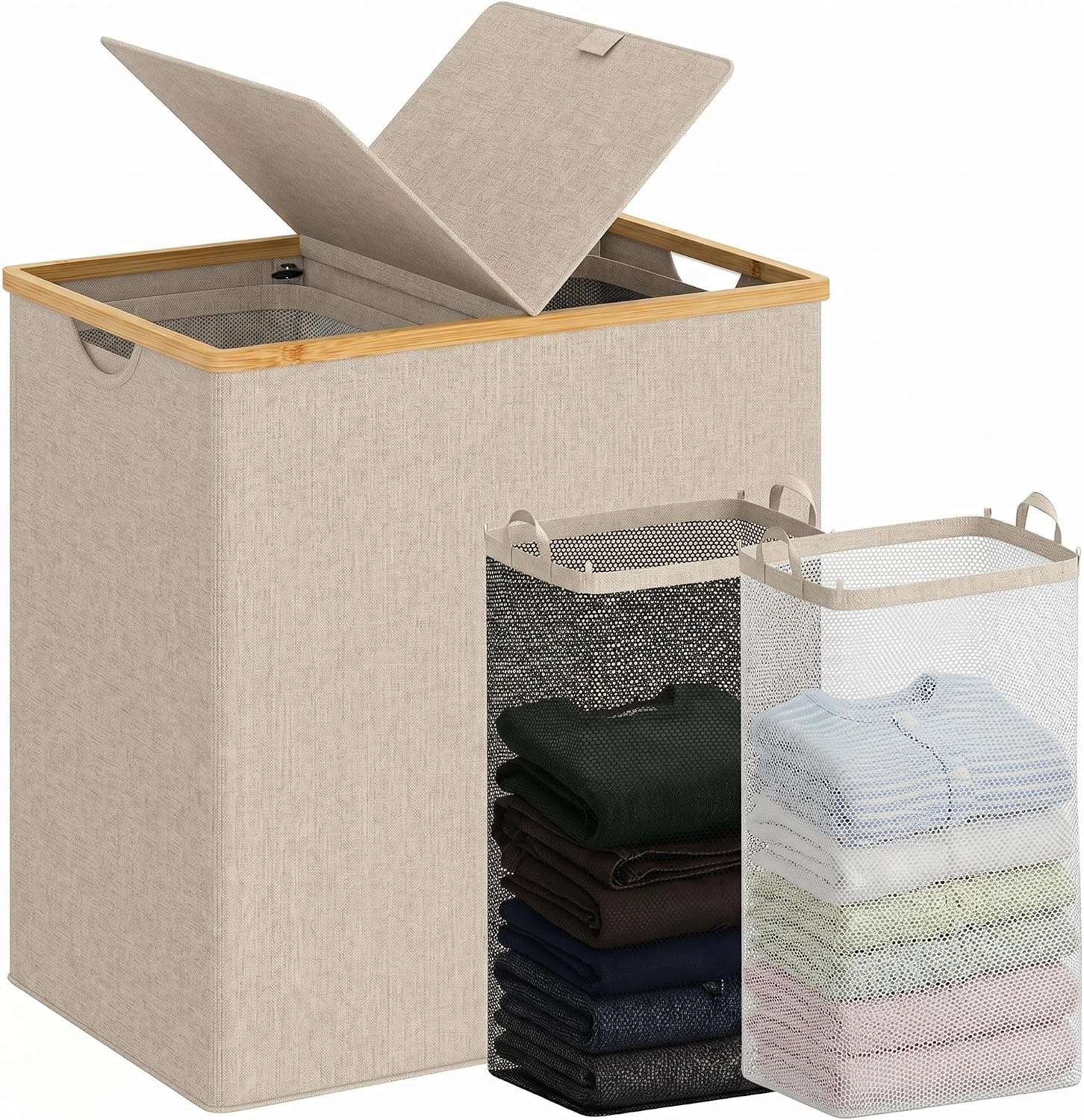 efluky Laundry Hamper with Lid, Double Laundry Basket with 2 Removable Bags, 2 Section Laundry Bin with Bamboo Handles for Bathroom