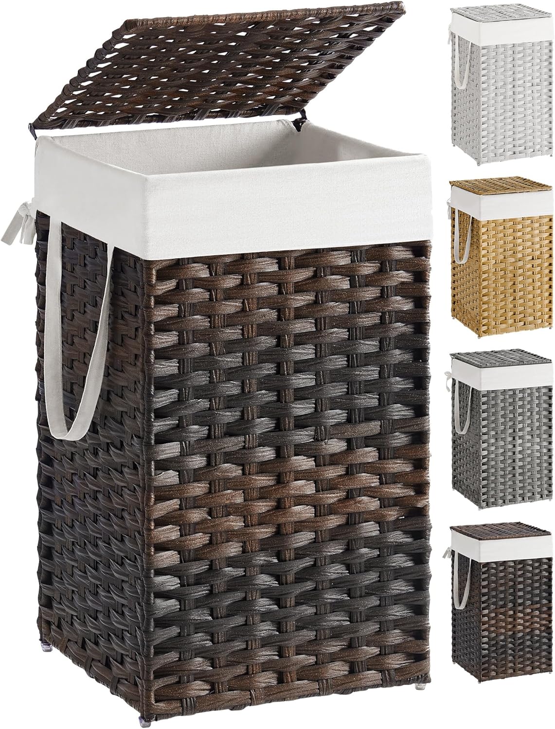 SONGMICS Laundry Hamper with Lid, 23.8 Gallon (90 L) Synthetic Rattan Clothes Laundry Basket with Lid and Handles, Foldable, Removable Liner