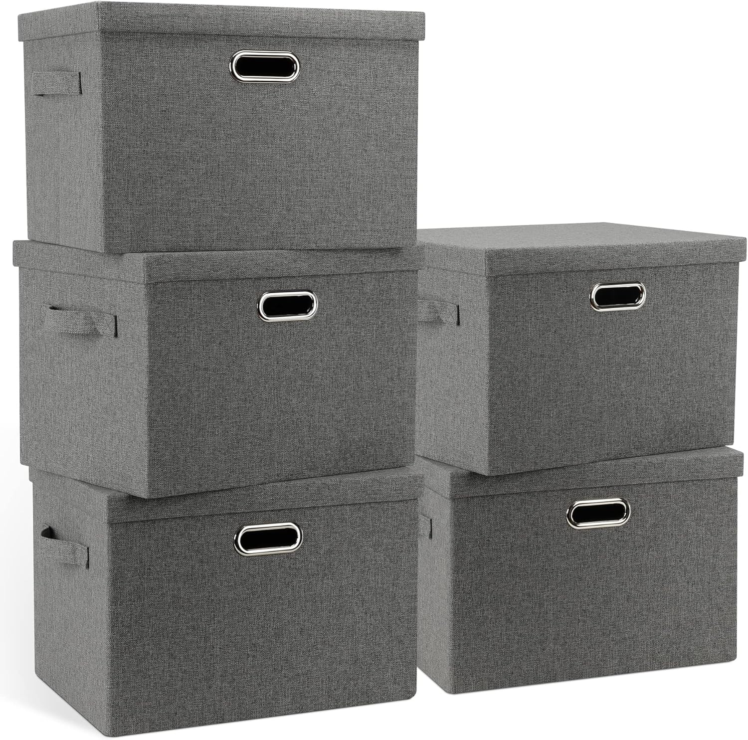 Graciadeco Large Quart Collapsible Stackable Storage Bins with Lids, 3 Packs Beige Linen Fabric Closet Boxes with Lids