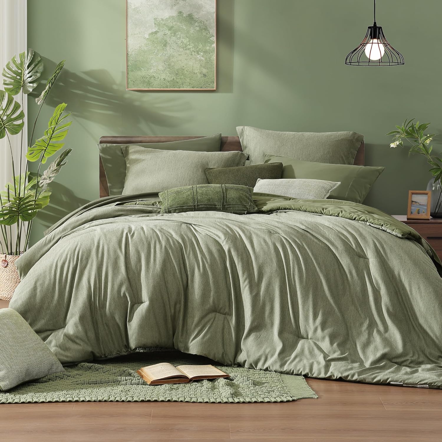 Monbix King Size Comforter Set, Olive Green King Bed Set Reversible, King Size Comforter Set 7 Pieces, Cationic Dyeing Bed in a Bag with Comforter