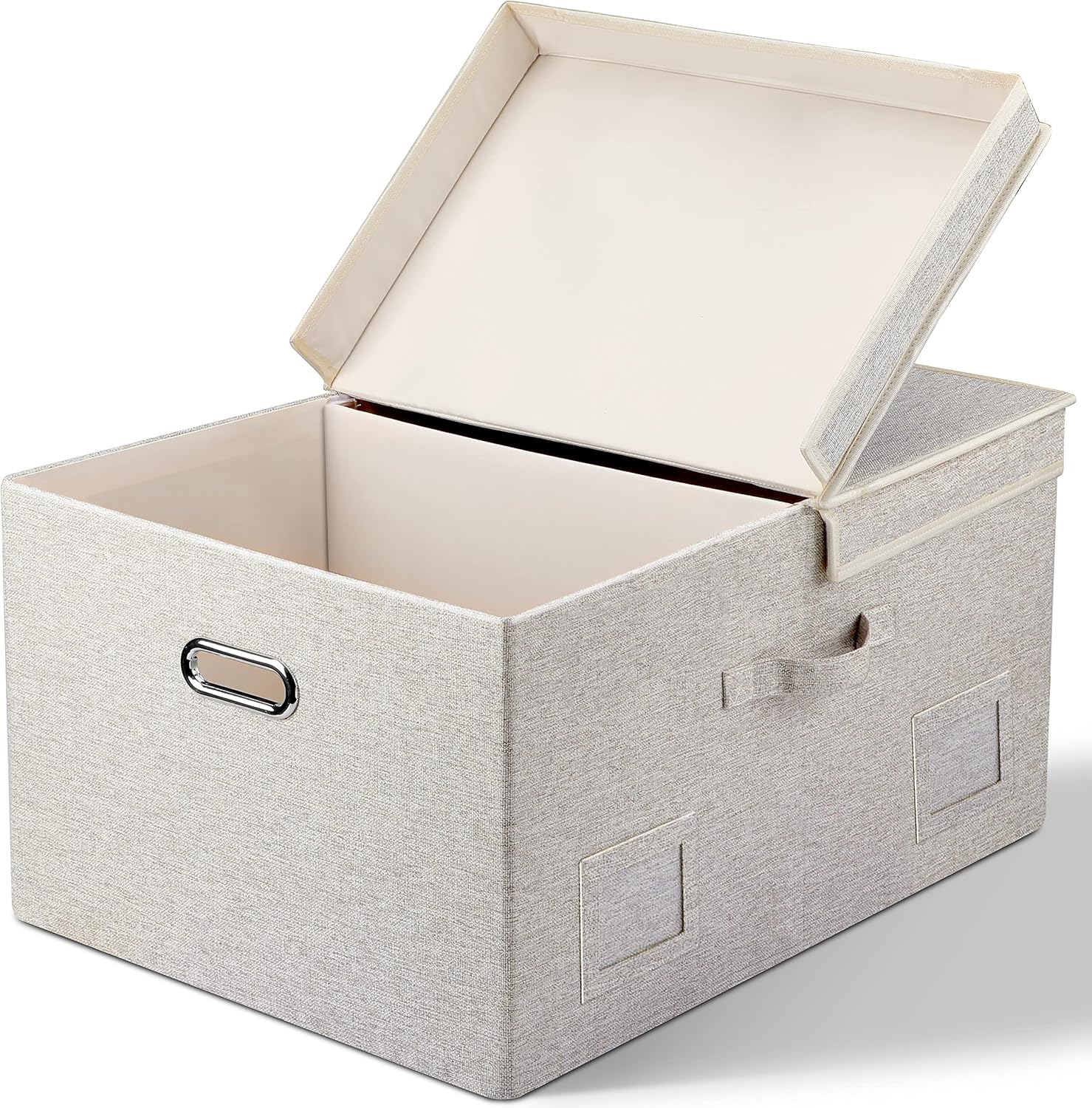 Graciadeco Large Quart Collapsible Stackable Storage Bins with Lids, 3 Packs Beige Linen Fabric Closet Boxes with Lids