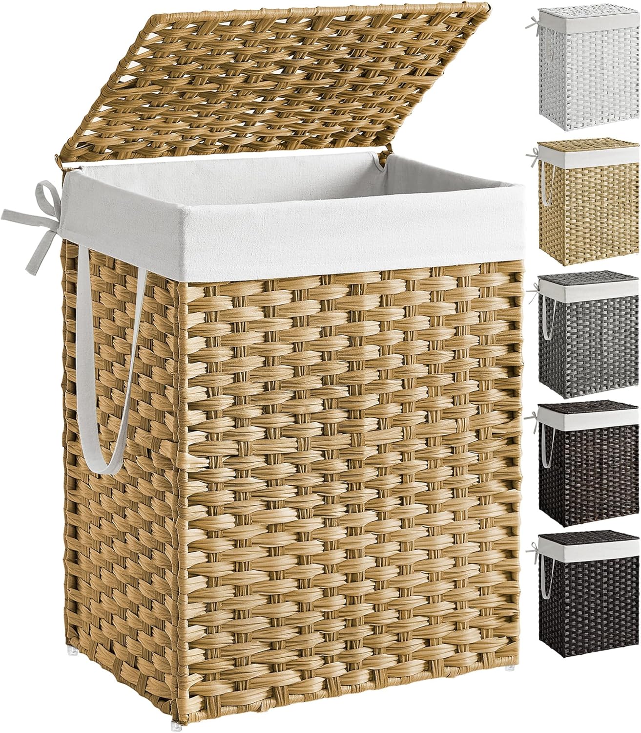 SONGMICS Laundry Hamper with Lid, 23.8 Gallon (90 L) Synthetic Rattan Clothes Laundry Basket with Lid and Handles, Foldable, Removable Liner