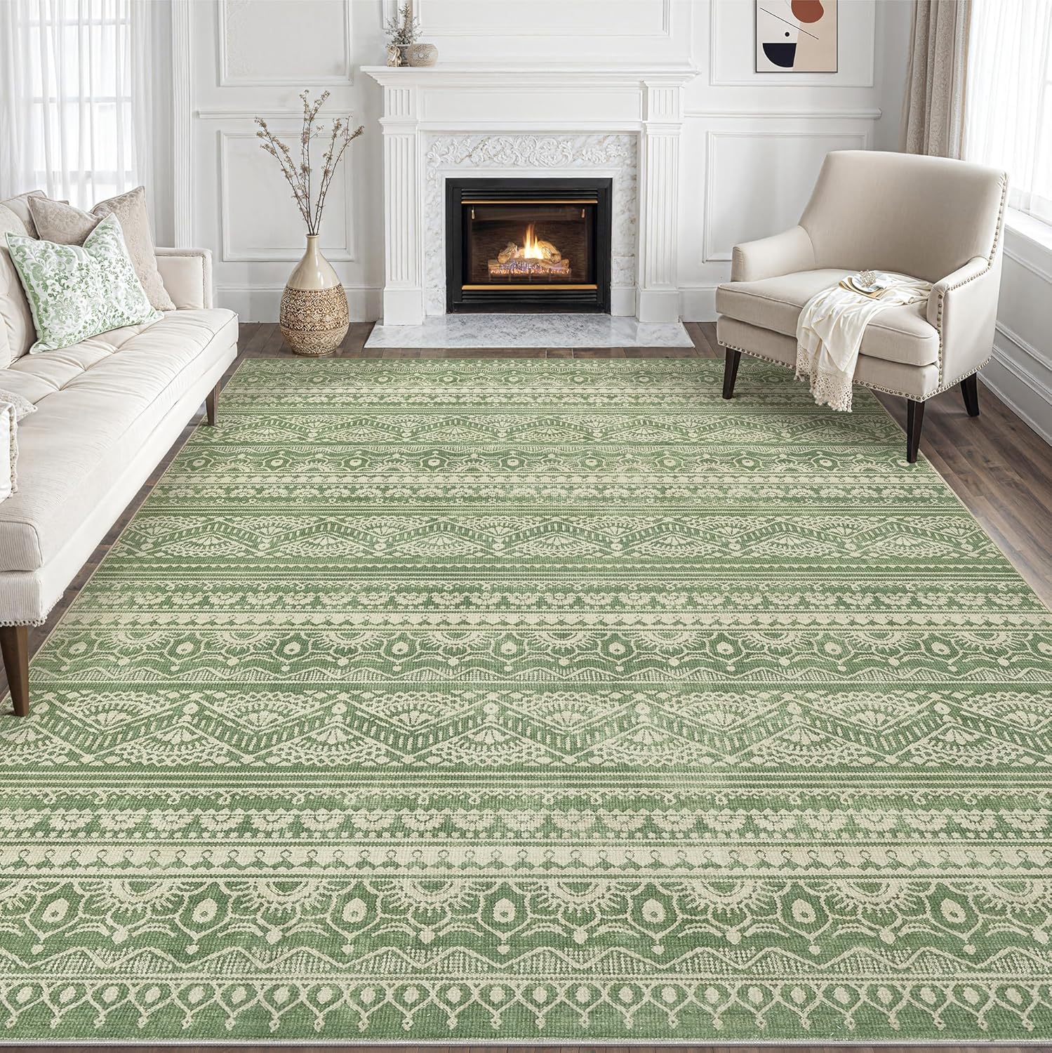 Tortania Area Rug Living Room Rugs - 10x12 Washable Large Soft Neutral Boho Moroccan Bohemian Farmhouse Rug Indoor Floor Carpet for Bedroom Under
