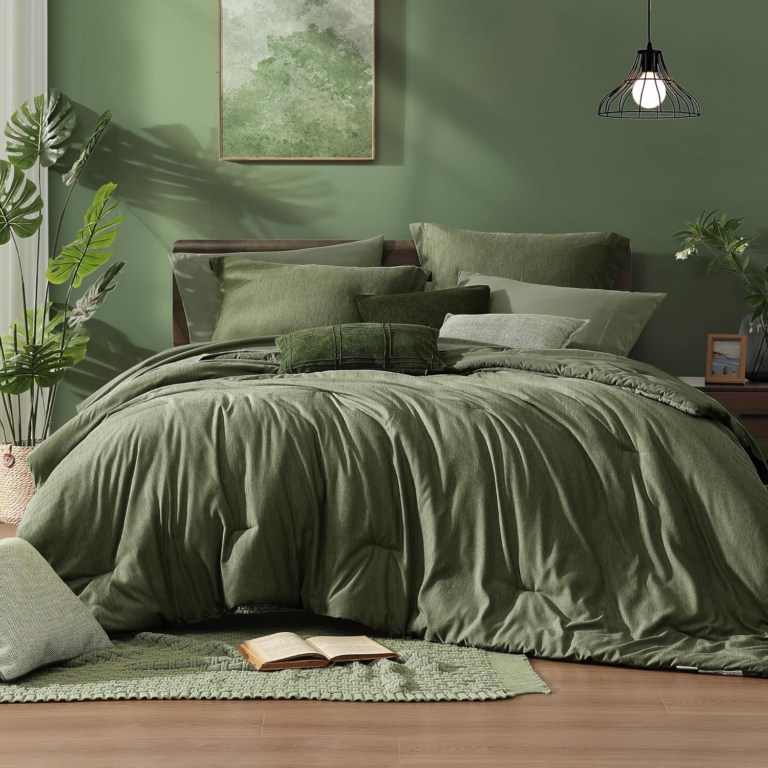 Monbix King Size Comforter Set, Olive Green King Bed Set Reversible, King Size Comforter Set 7 Pieces, Cationic Dyeing Bed in a Bag with Comforter